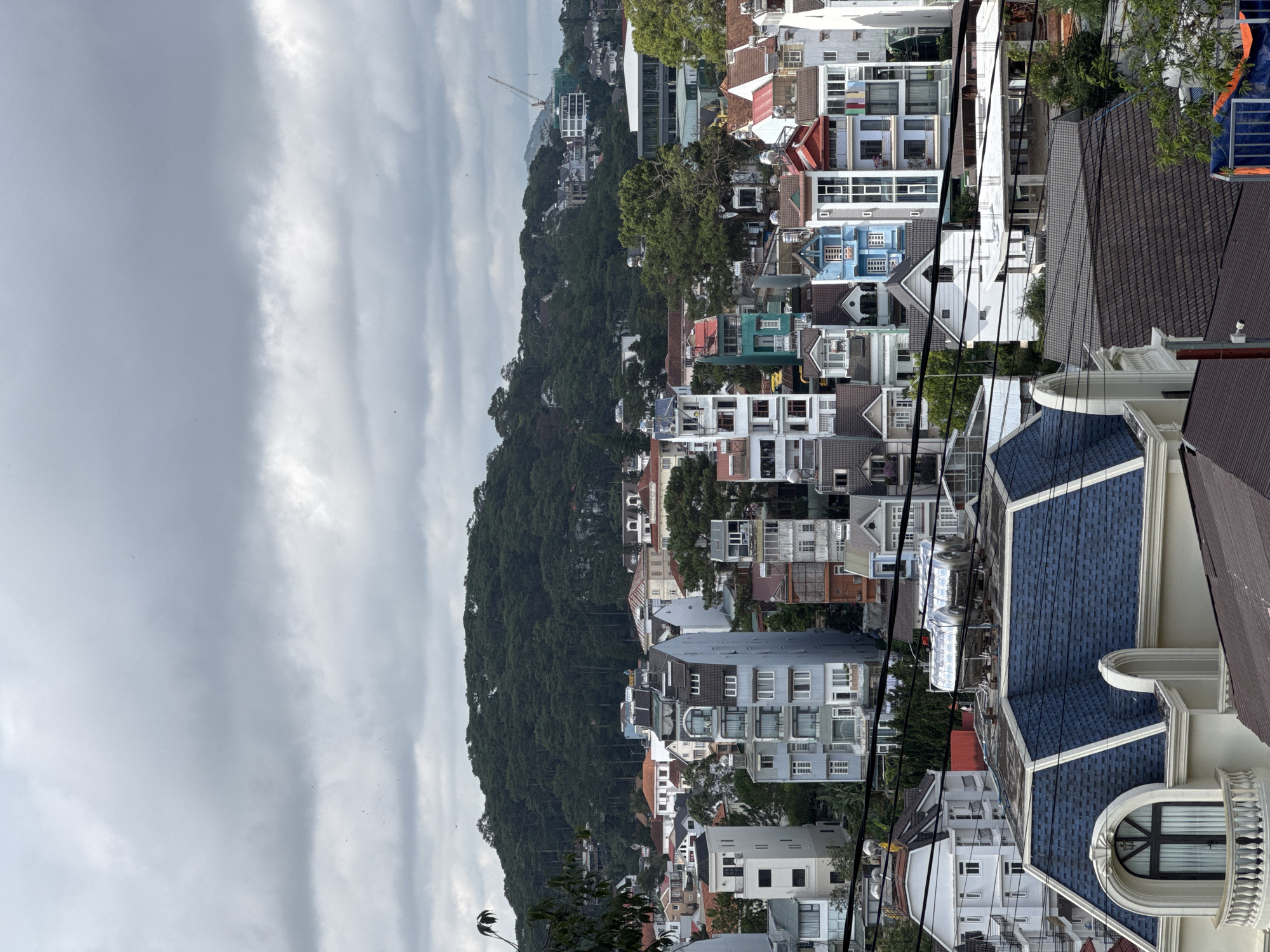 This image depicts a cityscape in Da Lat, Vietnam, characterized by a dense cluster of multi-story buildings and houses nestled on a hillside. The architecture is varied, featuring a mix of modern and traditional styles, with many structures exhibiting colorful facades, pitched roofs, and balconies. In the foreground, a large house with a distinctive blue, shingled roof and arched window is prominent. Behind it, various other buildings of different heights and colors are visible, some with visible water tanks on their roofs. Electrical wires crisscross the scene, suggesting the presence of infrastructure.
The background is dominated by a heavily forested hill, densely covered with pine trees, a common sight in Da Lat, known for its pine forests. The sky is overcast with gray clouds, creating a diffused light across the scene. A construction crane is visible in the distance on the right side of the image, indicating ongoing development. There are no visible people or animals in the frame. The overall impression is of a densely populated urban area integrated with the natural landscape, typical of Da Lat's hillside development.