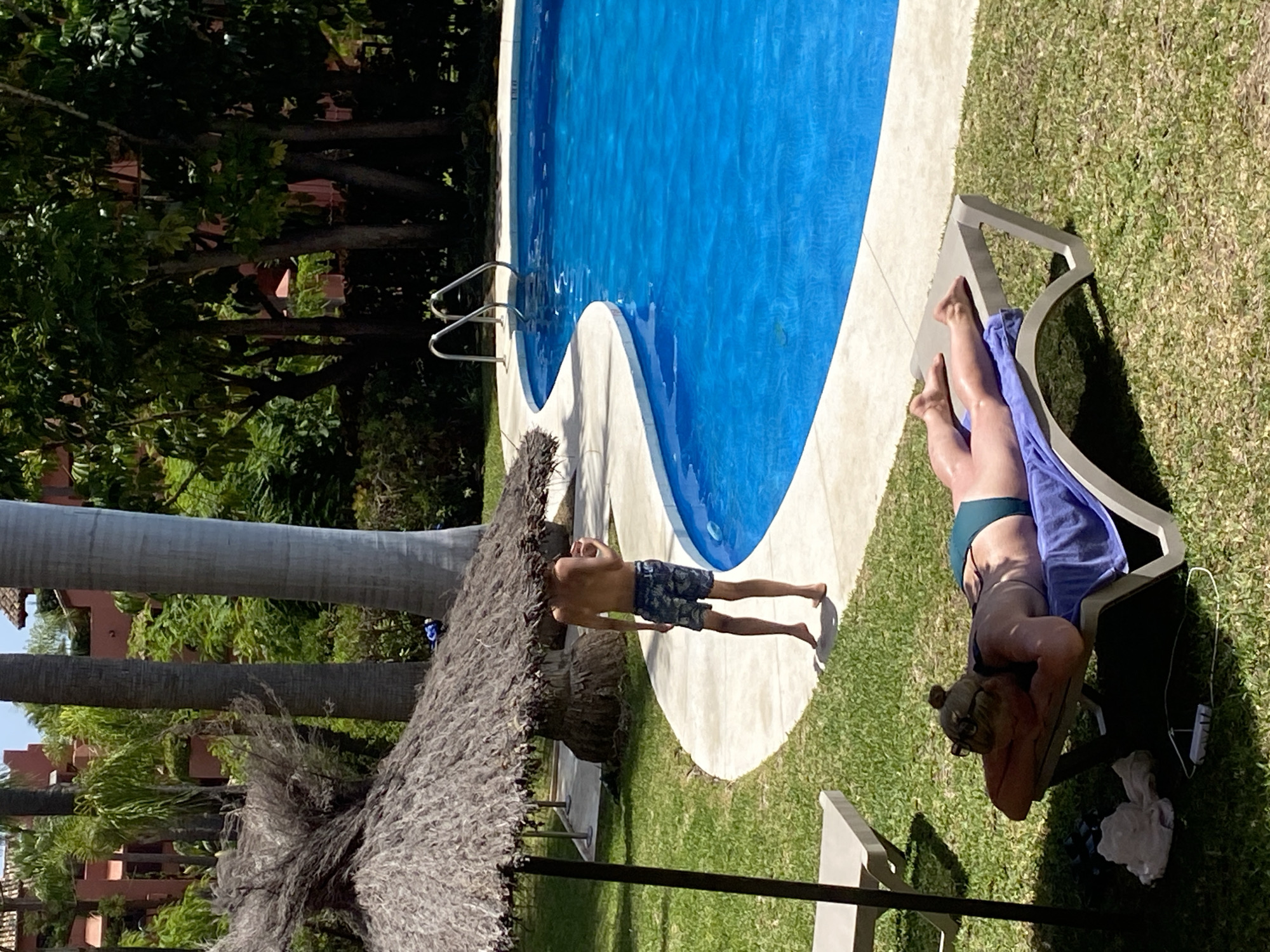 In the city of Resinera-voladilla, Spain, a woman lies on a chaise lounge in the foreground, facing away from the camera, basking in the sun. Her head is propped on her arms, and she is wearing a dark green bikini. Next to her, on the grass, is a blue towel and some white clothing. To her left, partially obscured by a thatched umbrella, is a grey chaise lounge.
In the middle ground, a young boy stands barefoot near the edge of a vibrant blue swimming pool. He is wearing patterned swim trunks and his back is to the camera. The pool has a white tiled edge and a silver ladder.
The background features lush green trees and a terracotta-colored building with balconies. The environment appears to be a sunny, warm day, likely at a resort or private residence with a pool.