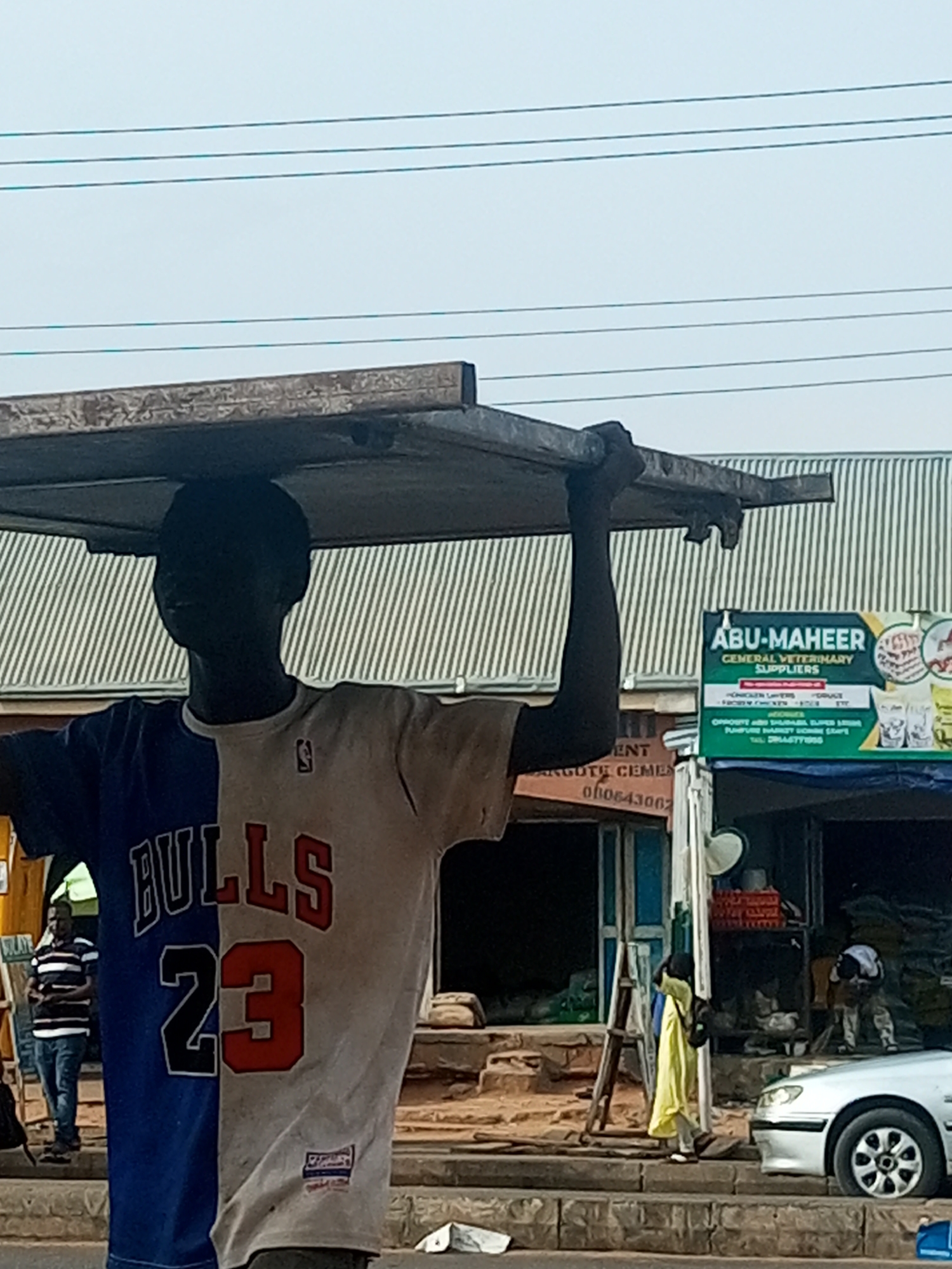 A person is carrying a large, flat object on their head. They are wearing a blue and white t-shirt with the word "BULLS" and the number "23" on it. The person is standing in front of a building with a sign that reads "ABU-MAHEER GENERAL VETERINARY SUPPLIERS." There is a silver car parked on the right side of the image and a ladder leaning against the building. The environment appears to be a street scene in a city.