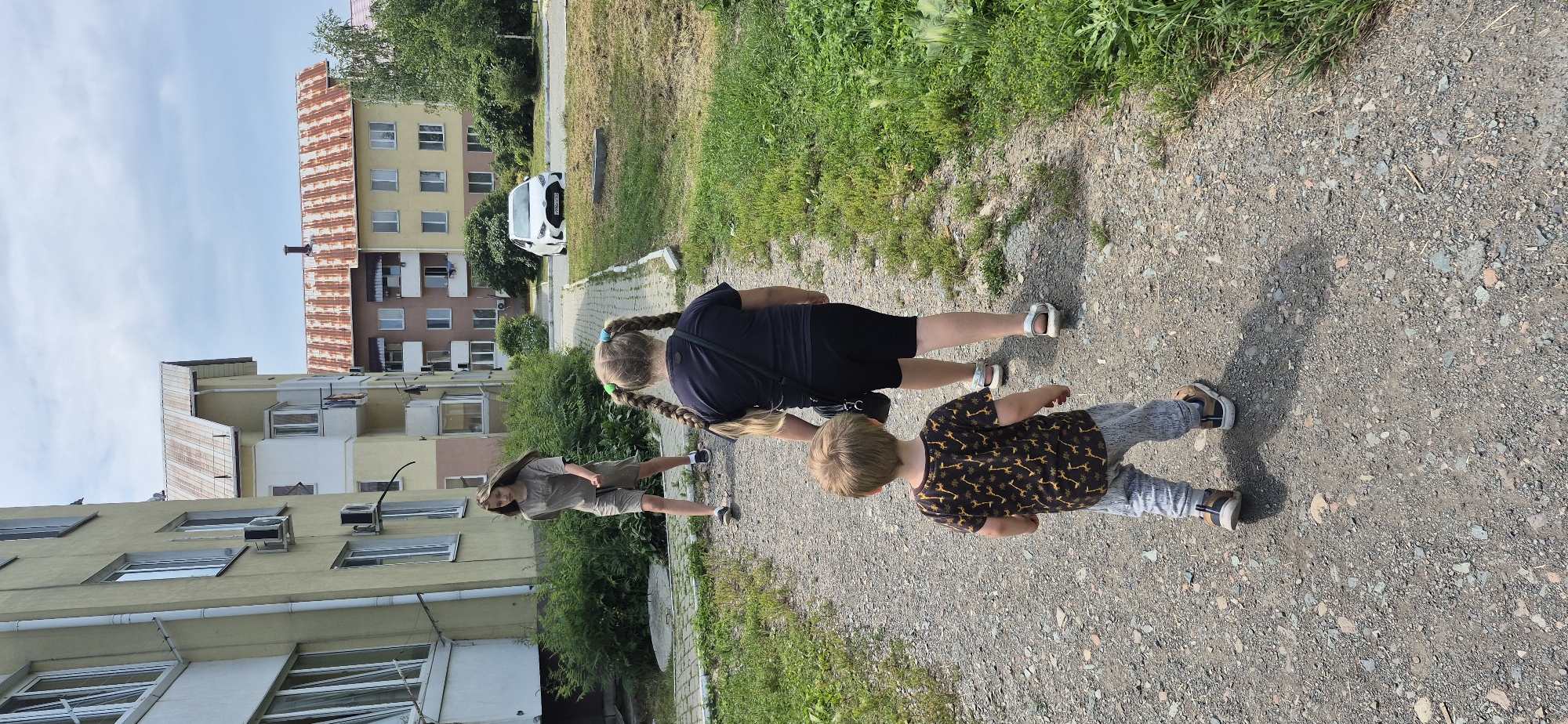 In an outdoor, urban setting, three individuals walk along a gravel pathway. The path is bordered by grass and bushes. In the background, apartment buildings are visible. A white car is parked on a street in the distance. The sky is overcast.
The first individual, from the back, is a young child with blond hair. They wear a dark t-shirt with a pattern of yellow giraffes and gray pants.
The second individual, also viewed from behind, is a girl with long, blonde hair in two braids tied with green ribbons. She wears a dark t-shirt and black shorts, and is carrying a black bag.
The third individual is a young woman walking in the opposite direction, facing the camera. She has long, brown hair and wears a light brown t-shirt and shorts.