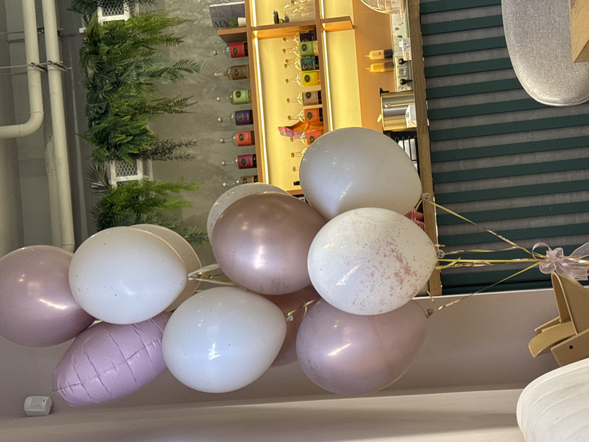 A close-up shot shows a cluster of balloons, in white and light pink, seemingly tethered to a celebratory display. The balloons, some partially obscured, are the focal point, with one featuring speckled patterns. In the backdrop, a vibrant wall-mounted shelf displays a collection of colorful bottles, possibly liquors or specialty beverages. To the left, a section of greenery adds a natural touch to the scene. Further out of focus, structural elements of a building can be glimpsed. The setting appears to be an indoor space, perhaps a restaurant or event venue in Unknown, Unknown.
