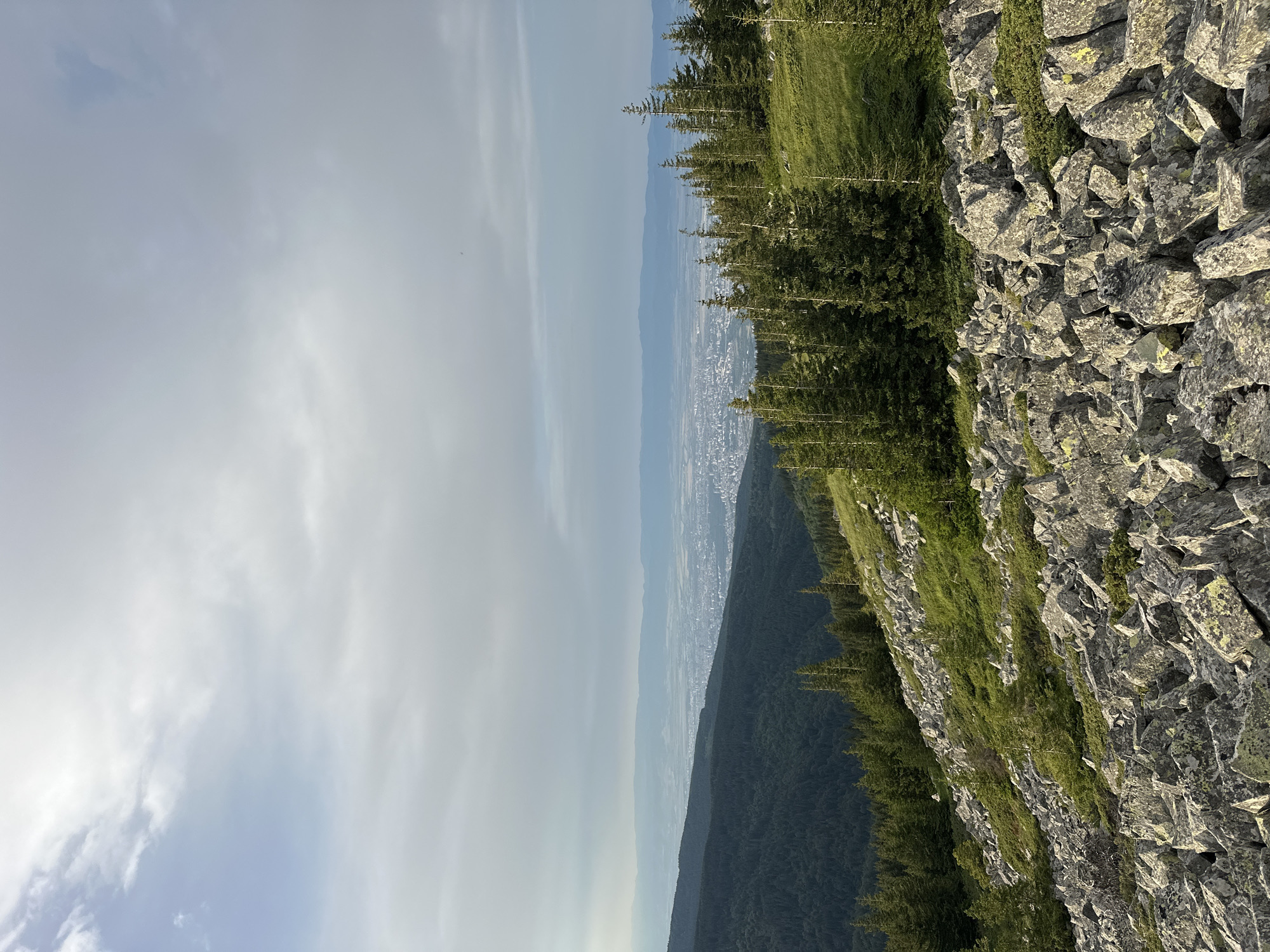 The image depicts a panoramic view from a rocky mountainside overlooking a sprawling city in the distance. In the foreground, large, grey rocks, some covered with lichen, are scattered across the steep, grassy slope. Numerous tall, green pine trees are sparsely distributed throughout the mid-ground and ascend the mountain. Beyond the trees, a dense, dark green coniferous forest covers the lower slopes of the mountains. The background reveals a vast urban landscape, with numerous buildings and structures extending towards the horizon, partially obscured by atmospheric haze. In the far distance, rolling hills and mountains fade into a pale blue sky, which is adorned with scattered white clouds and patches of light blue. The city is likely Sofia, seen from Vitosha Mountain, near Bistritsa, Bulgaria. There are no people or animals visible in the image, and no discernible actions or interactions are taking place. The overall scene is one of natural landscape meeting urban sprawl under a cloudy sky.