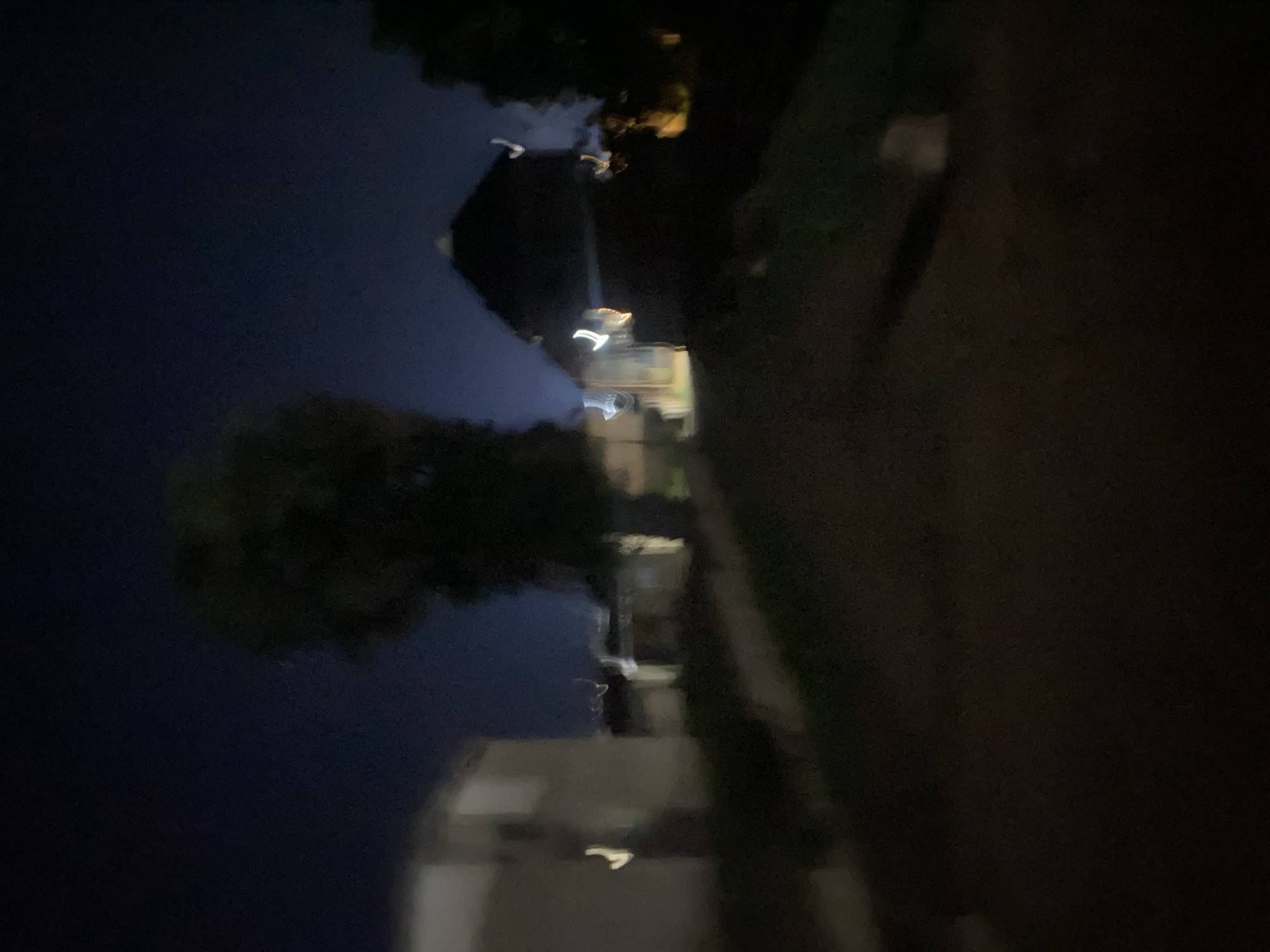 The image depicts a dark, blurry scene at night. In the foreground, there is a dark, unpaved area, possibly a path or dirt road, that curves slightly to the right. To the left, a pale, indistinct building with a visible window or light source is present. Further into the background, a large, dark silhouette of a tree dominates the center of the frame. To the right of the tree, another building with a dark, peaked roof is visible, with several blurry streaks of light appearing around it. The sky is a deep, dark blue, suggesting it is nighttime. The overall impression is one of low light conditions and motion blur, making precise identification of details difficult. There are no individuals or clear interactions visible in the image. The location is described as being in the city of Gwong, Nigeria, though this information is not visually discernible from the image itself.
