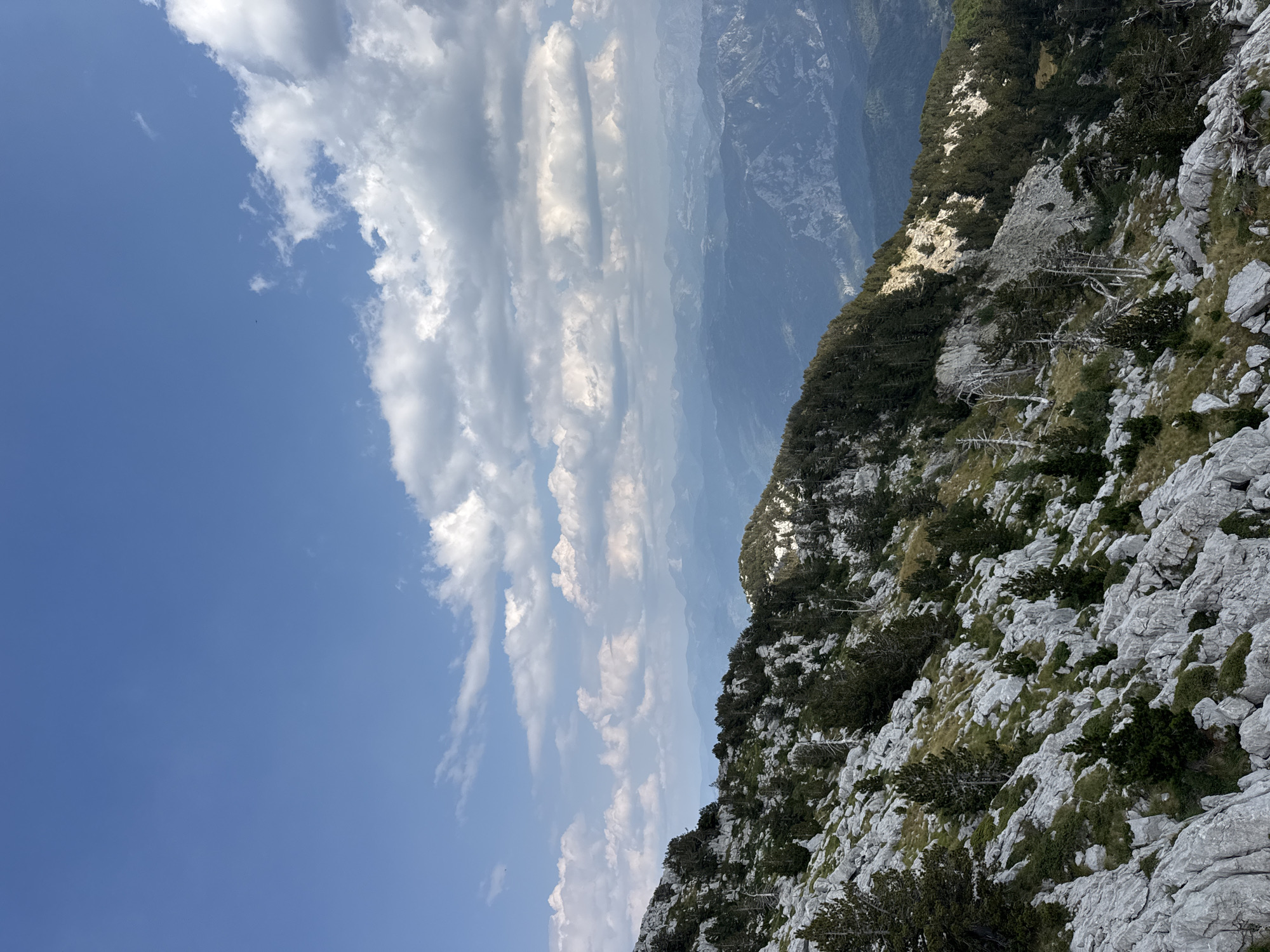 The image depicts a mountainous landscape with a clear blue sky filled with scattered white clouds. The foreground shows a rocky, treed slope with sparse vegetation. In the mid-ground and background, layers of mountains recede into the distance, their forms softened by atmospheric haze. The lighting suggests it is daytime, likely late morning or early afternoon. The scene appears to be a natural, undeveloped area, consistent with a mountainous region. No people or specific structures are visible. The location is identified as being in the city of Mrtvo Duboko, Montenegro.