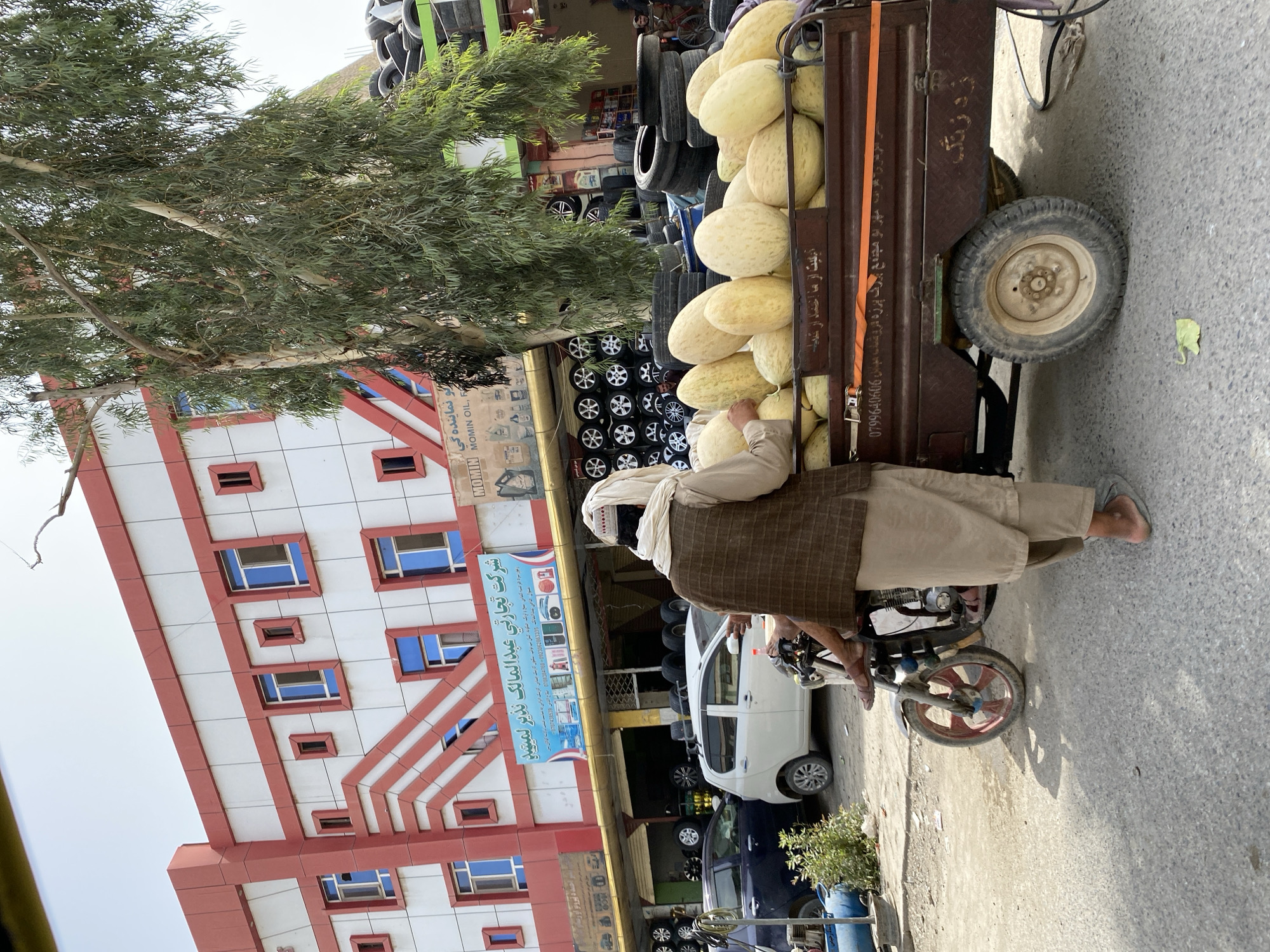 The image depicts a street scene in Kandahar, Afghanistan. In the foreground, a person wearing traditional clothing, including a turban and a vest, stands next to a motorized cart laden with a large quantity of melons. The cart is brown and appears to be attached to a motorcycle. The person's left hand is visible, holding onto the cart.
Behind the cart, a white car is parked, and further back, a dark blue car is also visible. The background features a modern building with a white facade and red trim, featuring multiple windows. A large tree with green foliage partially obscures the building. Beneath the building's awning, shelves displaying various items, including what appear to be tires and automotive parts, are visible. Signage in Arabic script is present on the building. The ground is a dusty, paved surface. The overall environment suggests a commercial area within the city.