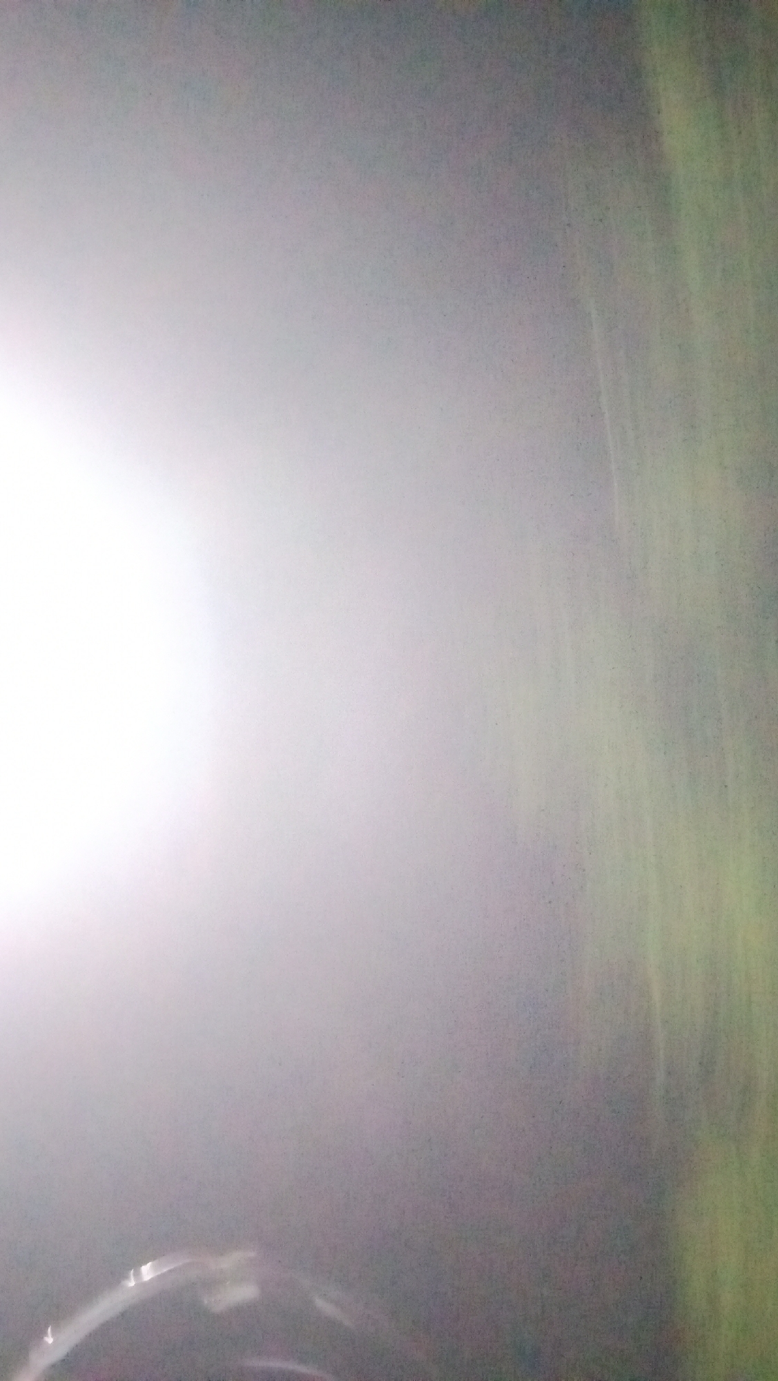 The image is a blurry, high-contrast photograph taken at night, possibly outdoors in Kuta, Indonesia. The dominant feature is a bright, overexposed light source on the left side of the frame, casting a strong glare that obscures much of the detail.
On the bottom of the image, a curved, reflective object is visible, suggesting it might be part of a vehicle or a structure. The background on the right side of the image shows faint, vertical streaks of green and yellow, indicating movement or a textured surface, possibly foliage or a painted wall. The overall atmosphere is hazy and indistinct, with the strong light making it difficult to discern specific objects or actions. There is no clear indication of people or specific environmental details that would pinpoint the location within Kuta.