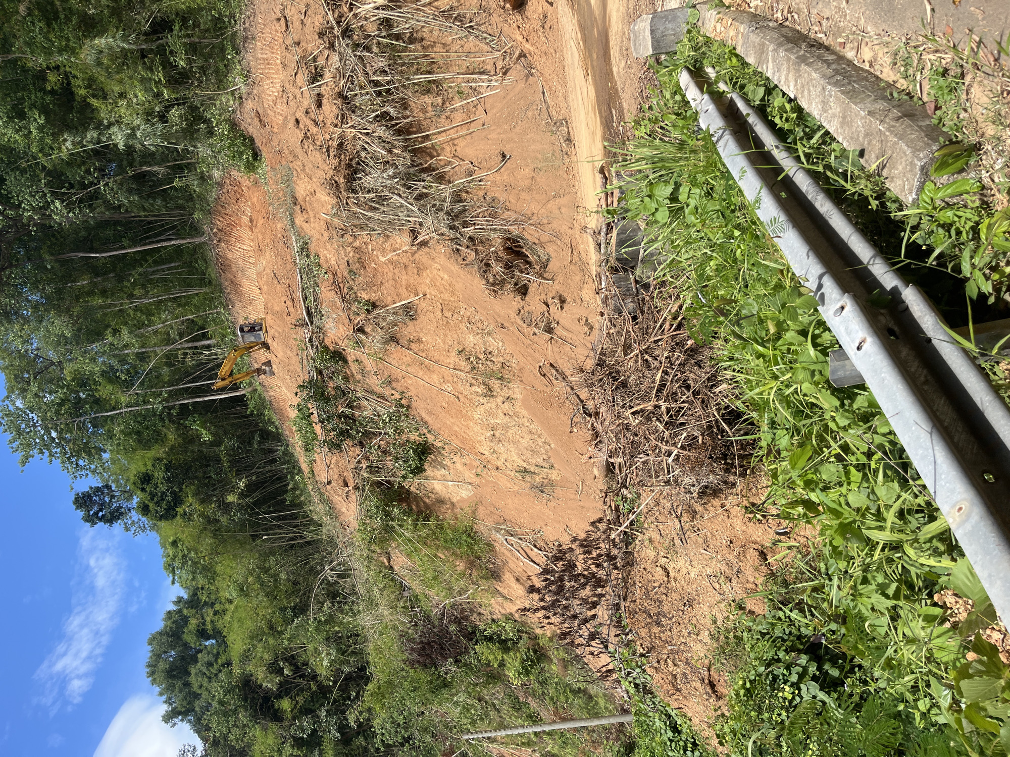 The image shows a landslide on a steep, forested slope near Son Dien, Vietnam. A yellow excavator is visible at the top of the landslide, appearing to be engaged in clearing debris. The slope is covered in red soil, with many fallen branches and uprooted vegetation scattered across it. The surrounding environment is lush with green trees and foliage, typical of a tropical region. A road runs along the bottom of the slope, bordered by a concrete curb and a metal guardrail. The sky above is blue with scattered white clouds. There are no people visible in the image.