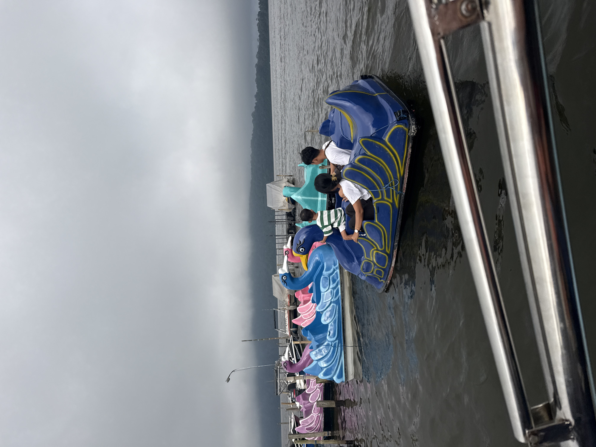 The image shows a row of swan-shaped paddle boats docked at a pier on a body of water, likely a lake, in Baturiti, Indonesia. The sky is overcast and grey. Two individuals, dressed in white shirts, are on the first blue and yellow paddle boat. Other paddle boats, painted in shades of blue, pink, and purple, are also docked behind. A portion of a boat is visible in the foreground with metal railings.