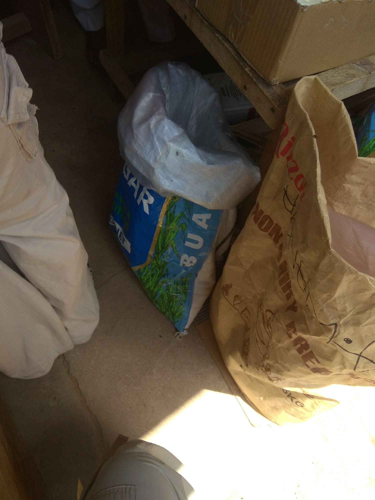 In Jalingo, Nigeria, a scene unfolds on a concrete floor where several items are present. In the foreground, a person's legs, clad in light-colored trousers, are visible. To the left, a large, light-colored garment, possibly a bag or a piece of clothing, is draped over. In the center, a blue and white bag with an image of green corn stalks is visible, its top partially covered by a white plastic bag. The blue bag has text printed on it, with "JAR" and "BUA" clearly discernible. To the right, a brown paper bag, partially open, reveals a pink interior. This bag also has text printed on it in red and black, with "NON-GMO" and "FREE" legible, as well as "KG". The environment appears to be indoors, with shadows cast by the sunlight indicating a strong light source. The overall impression is one of storage or a temporary setup.