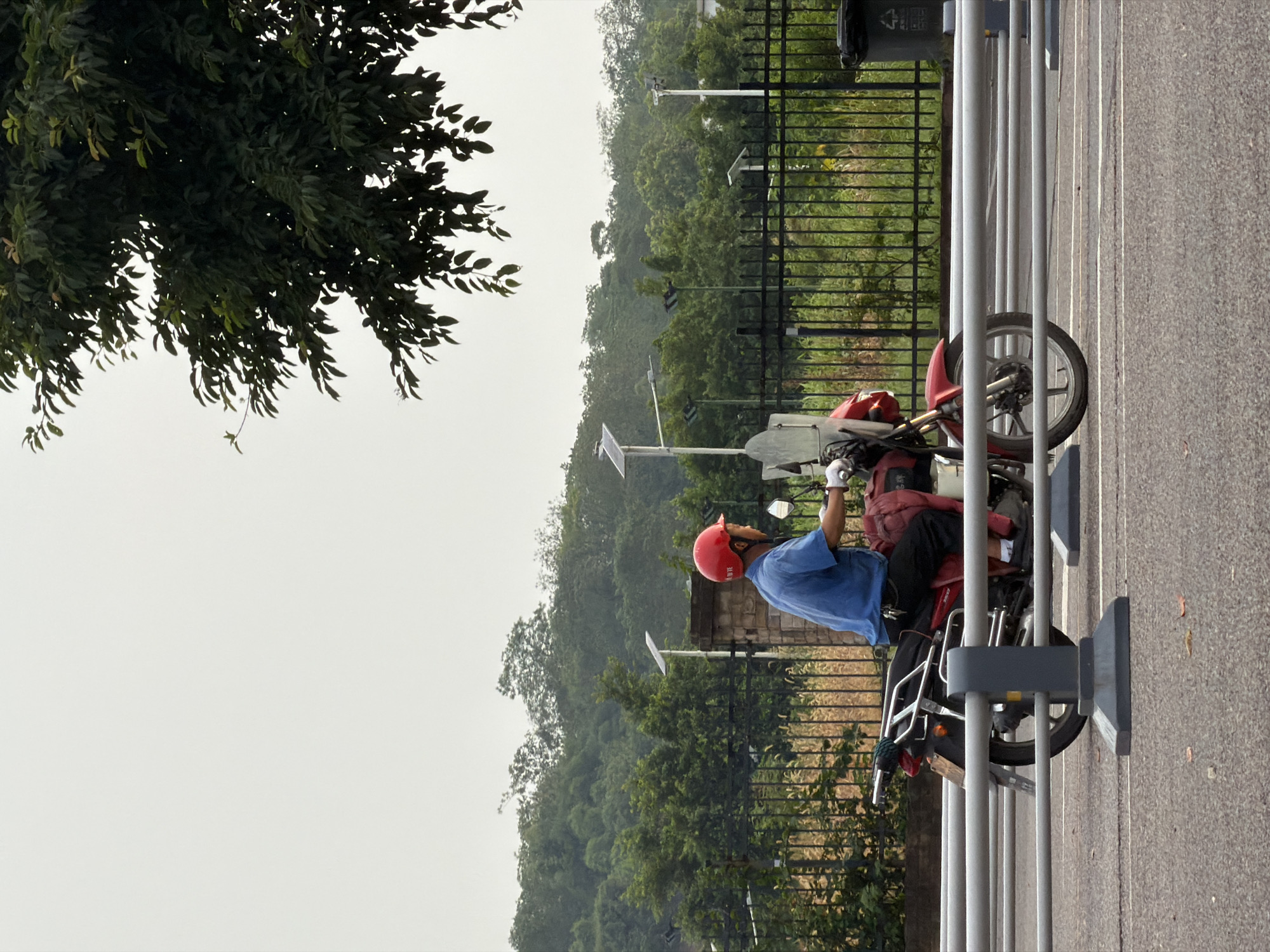 A medium shot shows a person wearing a blue shirt and black pants, along with a red helmet, riding a red motorcycle. The person is seen from the side, facing left, with their right hand on the handlebars. The motorcycle has a red bag attached to the rear. The scene appears to be outdoors, with a grey, overcast sky. In the background, there are trees, a fence, and several solar-powered streetlights. The foreground shows a grey barrier and asphalt pavement. A portion of a large green tree is visible in the upper right corner of the frame. The image was taken in Jiangjin, China.