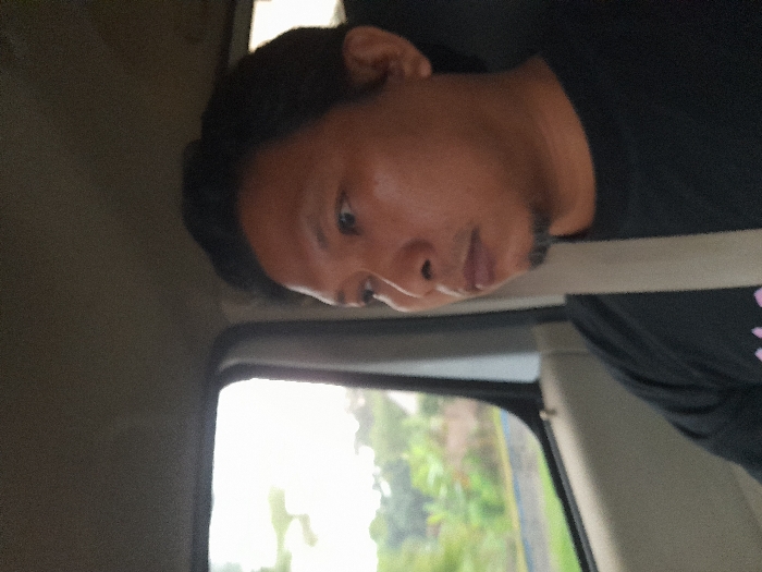 A male individual is observed seated inside a vehicle, positioned towards the right side of the frame and facing right. He has dark hair, a faint mustache, and a small goatee. He wears a black t-shirt and is secured by a light-colored seatbelt diagonally across his chest and left shoulder. His eyes are directed forward and slightly right, looking out of frame or through a window. The vehicle's interior features a dark ceiling and light-colored side paneling. Through the window on the left, an exterior scene depicts green foliage, including trees and bushes, a horizontal blue line, and a light-colored structure partially visible in the background. The specific location within Cangkringrandu, Indonesia, is not visually discernible from the image.