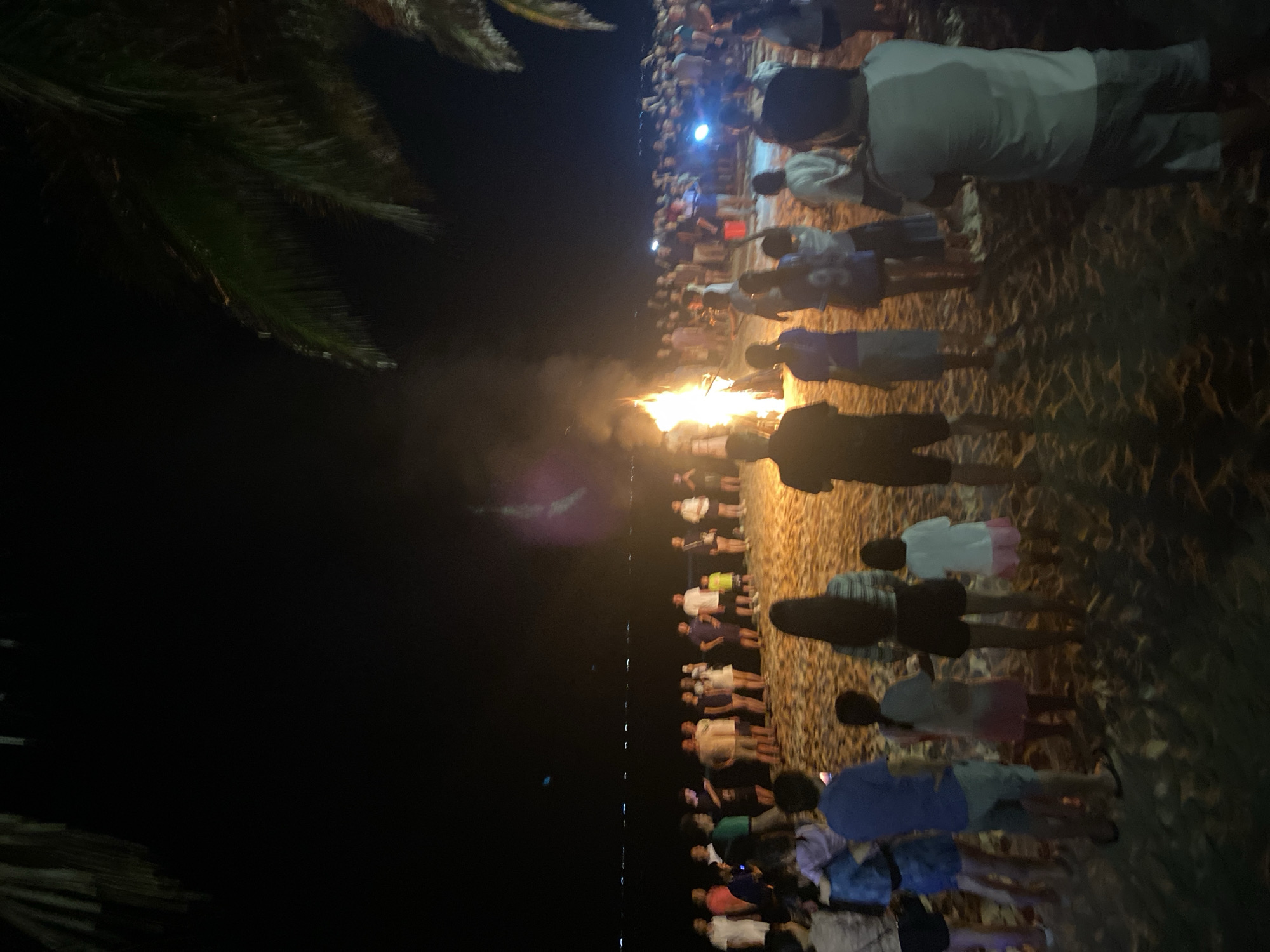 This media file depicts a nighttime gathering of people on a sandy beach, likely in Phu Thuy Ward, Vietnam. The primary focus is a bonfire, casting a warm glow on the faces of the onlookers and illuminating the scene. A large crowd of individuals, dressed in casual attire, are gathered around the fire, facing towards it. Some are standing, while others appear to be sitting or squatting. The presence of palm fronds in the foreground suggests a tropical or subtropical coastal location. The dark sky indicates that it is nighttime, with the bonfire being the main light source, supplemented by some distant, blurred lights. The overall atmosphere seems to be one of communal gathering and shared experience around the fire. There are no discernible text elements within the image.