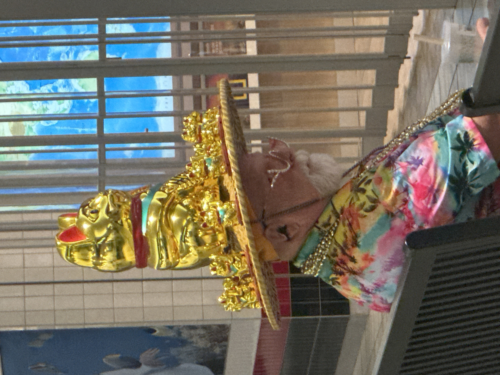 The media file shows a close-up, vertically oriented shot of a person adorned in elaborate gold and red headwear, possibly a costume or ceremonial headdress. The headdress is richly decorated with what appear to be jewels and intricate metalwork, resembling a stylized animal face, possibly a dragon or lion, on the left side of the frame. The person's face is partially visible, and they are wearing a colorful, tropical-print garment, likely a shirt or dress, with a beaded necklace. A portion of a large, horizontal window with blinds is visible in the background, offering a glimpse of what seems to be a mural or projection of the Earth. The overall impression is of a festive or theatrical setting, possibly indoors. The lighting suggests daytime. There is no visible text in the media file.