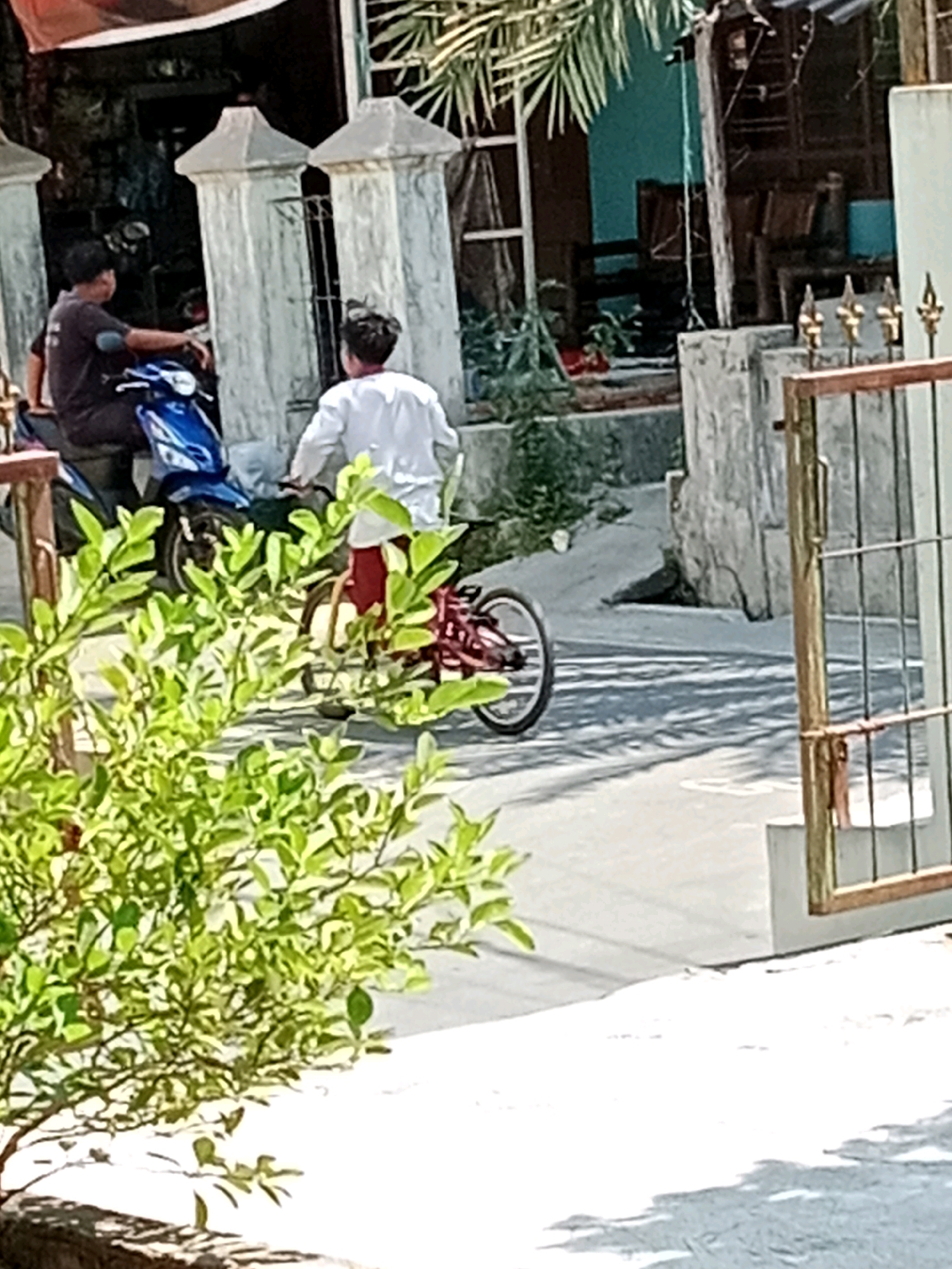 The image depicts a bright, outdoor scene in Waru, Indonesia. Two young boys are visible. One boy is seated on a blue motorcycle, facing away from the camera and looking towards the right. He is wearing a dark t-shirt. To his right, a second boy is riding a red tricycle with a larger back wheel and a smaller front wheel. He is wearing a white long-sleeved shirt and red pants, and is also facing away from the camera.
The setting appears to be a residential or commercial area. In the background, there are structures with white pillars and a partially visible building with wooden elements. A lush green bush or tree is prominent in the foreground, partially obscuring the view of the boys and the tricycle. Shadows are cast on the ground, suggesting it is daytime, likely mid-morning or afternoon, with sunny weather. The overall atmosphere seems casual and everyday. No text is visible in the image.