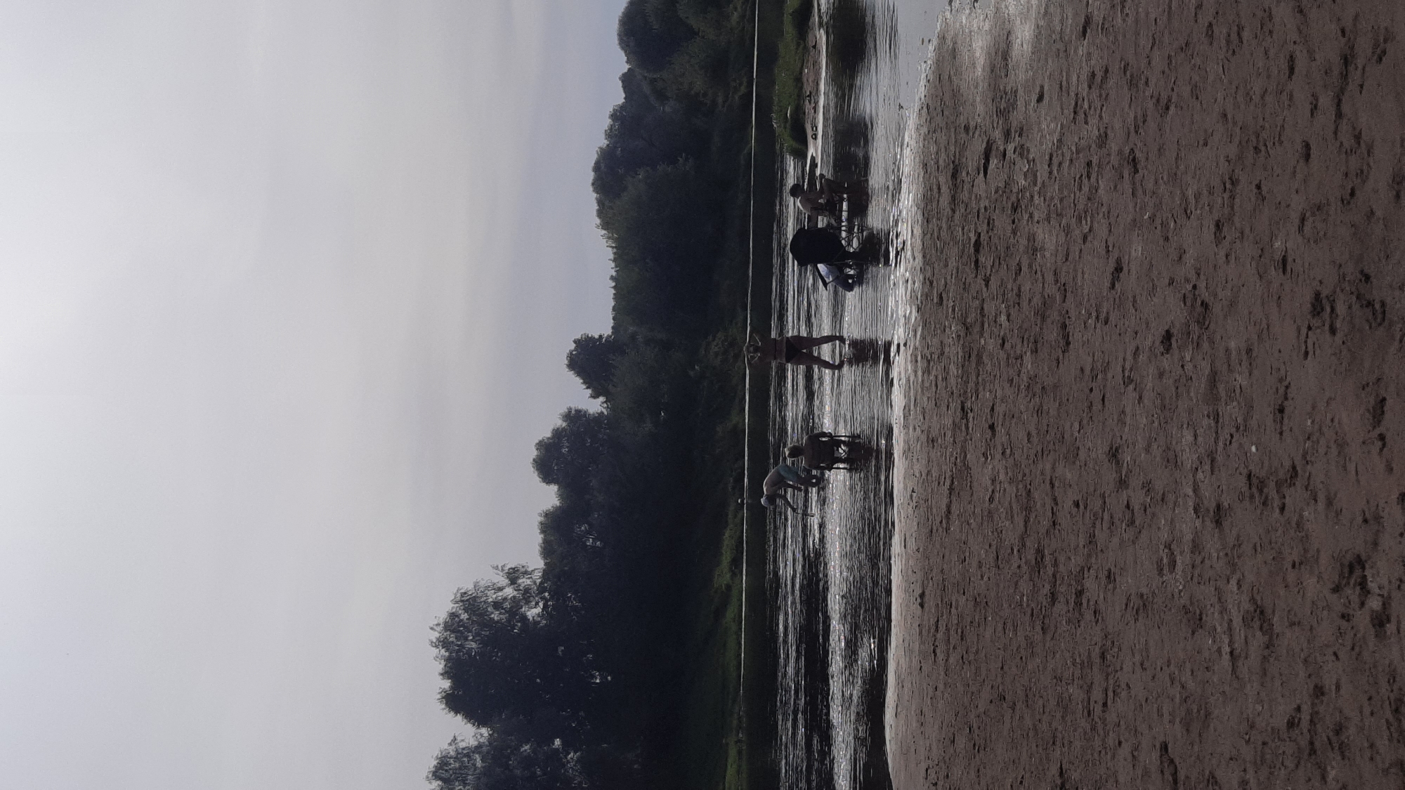 The image shows a hazy, overcast day at a riverbank in Shklov, Belarus. In the foreground, there is a sandy bank. Several people are visible in the shallow water. One person in a dark bikini is standing with their hands on their hips. Another person is bent over in the water. A person is sitting in a chair in the water, and another person is sitting in a folding chair. Further in the background, on the opposite bank, there is a dense line of dark green trees. The water reflects the grey sky.