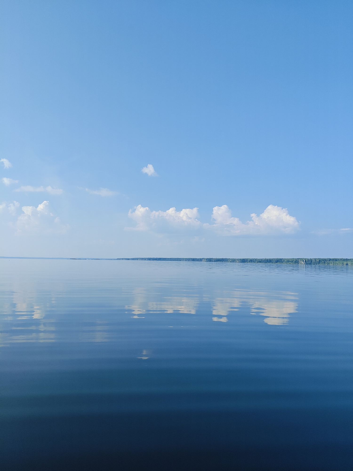 This is a landscape photograph of a vast body of water under a clear blue sky with scattered white clouds. The water is calm and reflects the sky and the distant treeline, creating a mirror-like effect. The horizon line is sharply defined, separating the sky from the water. A dense treeline stretches across the horizon, suggesting a natural environment.
The time of day appears to be daytime, likely late morning or early afternoon, given the brightness of the sky and the presence of distinct clouds. The weather seems fair and pleasant. The scene evokes a sense of tranquility and vastness. The location is identified as Chaykovsky, Russia. There is no visible text in the image.