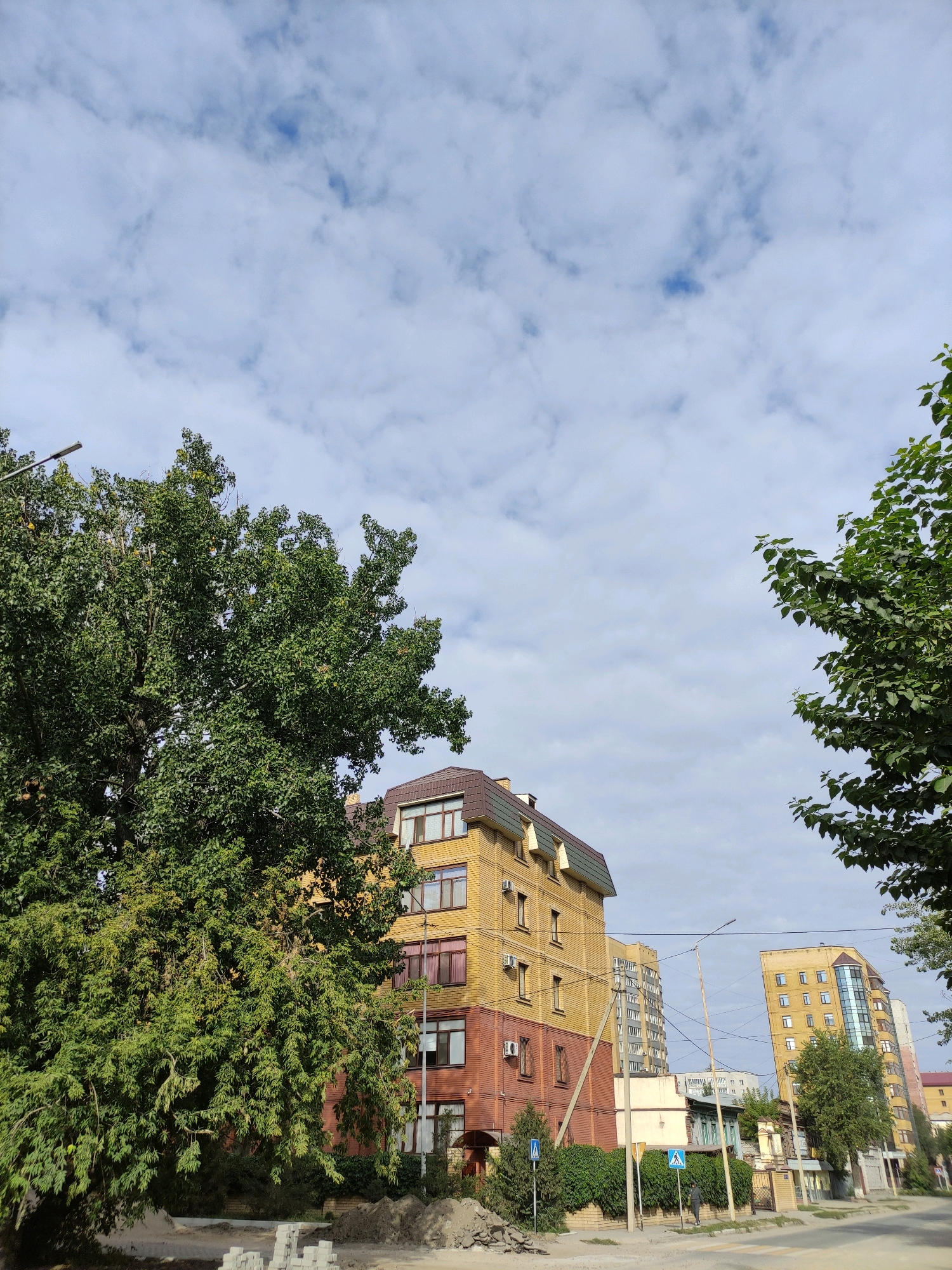 A slightly overcast day in Semey, Kazakhstan, is depicted in this image, with a view of urban buildings and lush trees. In the foreground, a large, leafy tree with dense green foliage dominates the left side of the frame, its branches extending upwards and to the right. To the right of this tree, a brick and yellow-clad apartment building rises, featuring multiple stories with visible windows and a sloped, dark-colored roof. Beyond this building, a paved street is visible, with a pedestrian crossing marked by white stripes. Further into the background, other apartment buildings of varying heights and architectural styles are present, some with light-colored facades and numerous windows. A few streetlights stand along the roadside. The sky above is a pale blue, filled with fluffy white clouds. The overall impression is a typical urban street scene in Semey, combining residential architecture with natural elements.