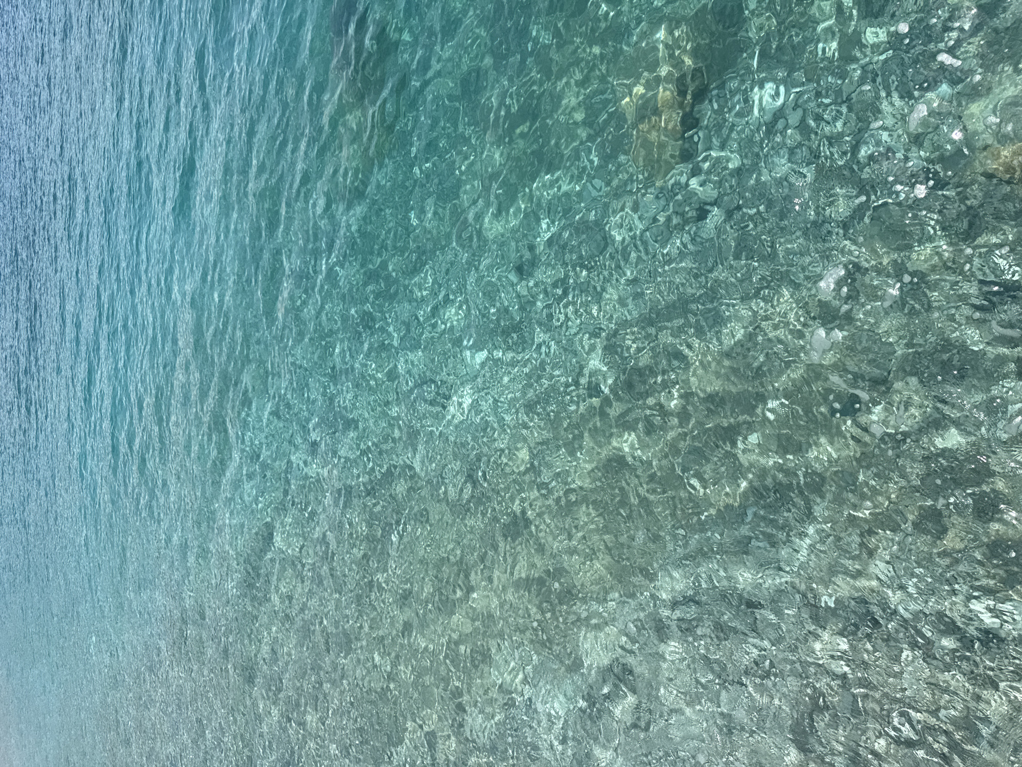 The image depicts clear, turquoise water, likely near the shoreline. Small pebbles and rocks are visible through the water, with some small bubbles scattered on the surface. The left side of the image shows deeper water with less clarity, transitioning to shallower, clearer water on the right. This scene is located in the city of Prijevor, Montenegro. There are no people present.