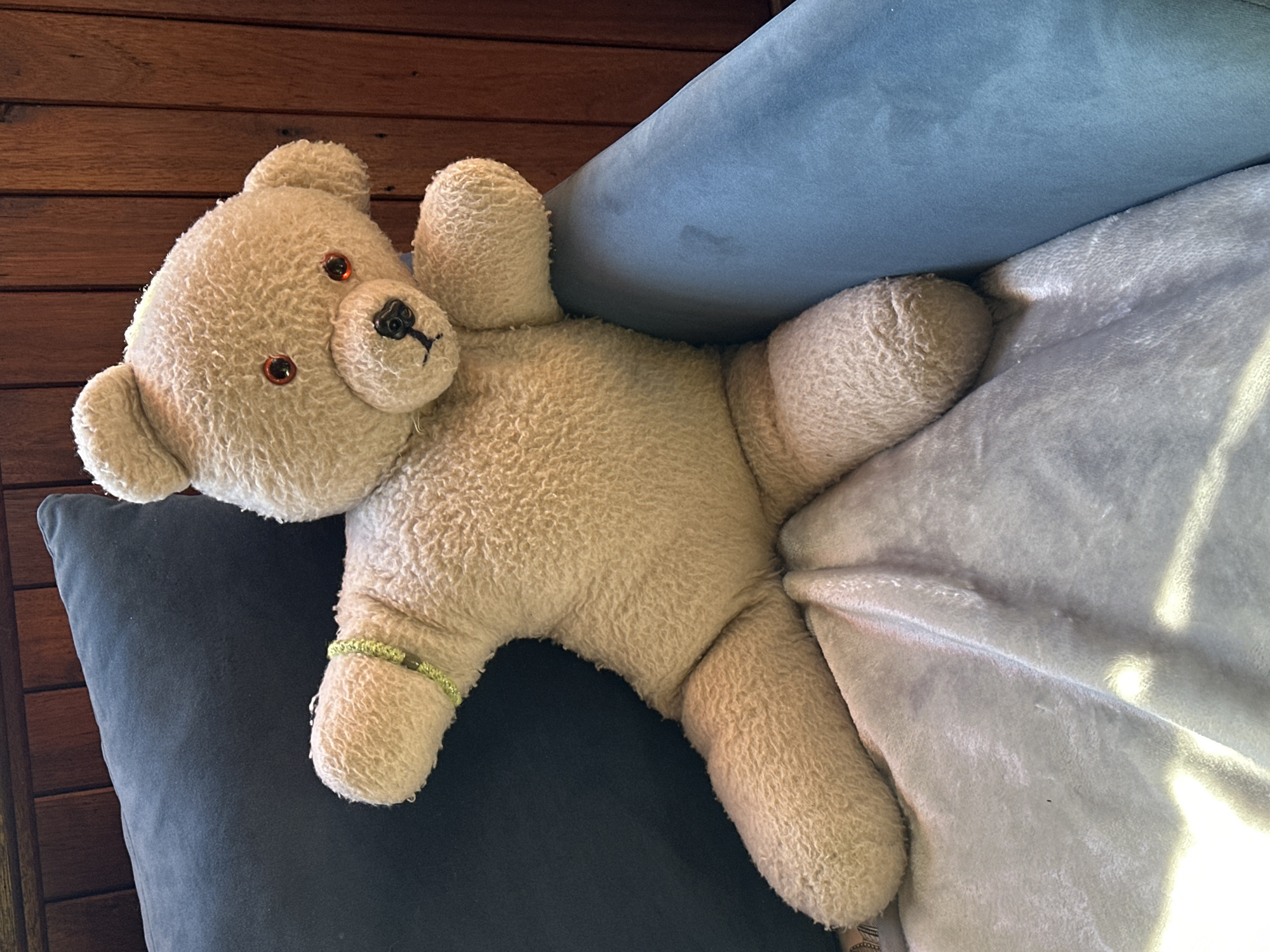 A plush, beige teddy bear with orange button eyes and a black embroidered nose is positioned on a blue armchair. The bear is wearing a green beaded bracelet on its left wrist. The armchair is situated in front of a wooden-paneled wall, and a dark blue pillow is behind the bear, partially obscuring its body. A light grey blanket is draped over the armchair and the bear's legs. The scene appears to be indoors. The image does not provide any information about the location being in Thora, Australia.