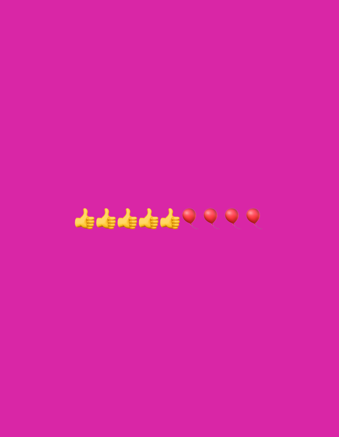 The image is a digital graphic featuring a solid magenta background. In the lower-middle section of the frame, there are six yellow thumbs-up emojis arranged in a horizontal line from left to right. To the right of the emojis, there are four red balloon emojis, also arranged in a horizontal line. There are no people, city elements, or specific locations visible. The graphic appears to be a decorative arrangement of emojis against a plain background, not depicting a scene in Gorzow, Poland.