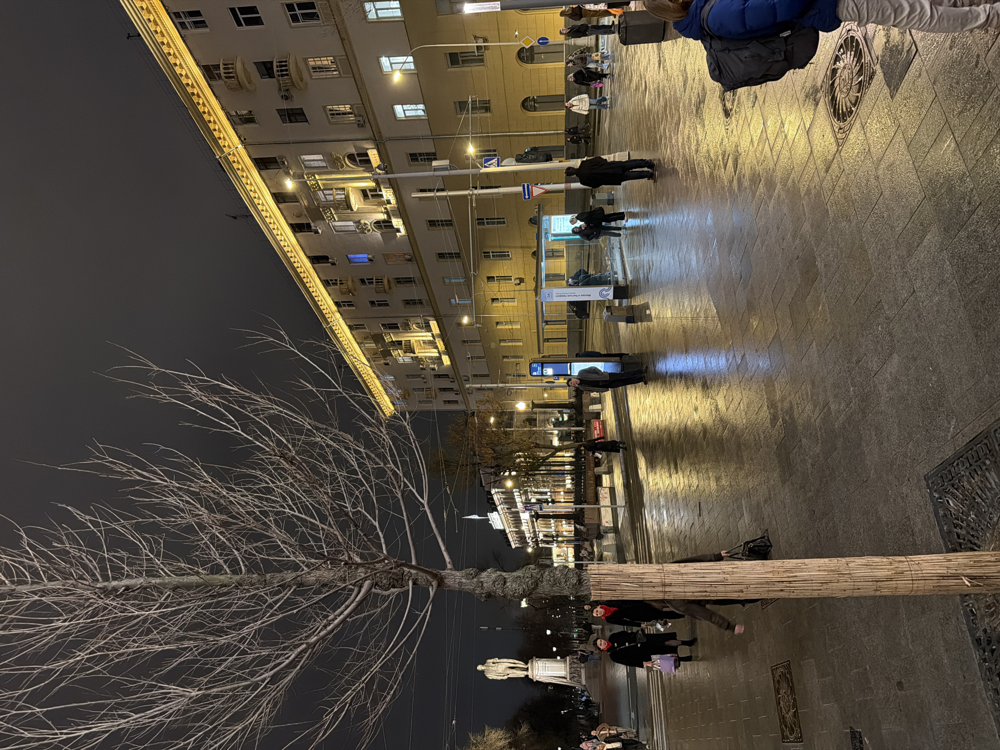 This is a nighttime view of a street in Moscow, Russia. The street is wet, reflecting the lights from the buildings and street lamps. Pedestrians are walking along the sidewalk. A bare tree is visible in the foreground. A building with illuminated windows runs along one side of the street. A statue stands on a pedestal near the tree. A bus stop is also visible.