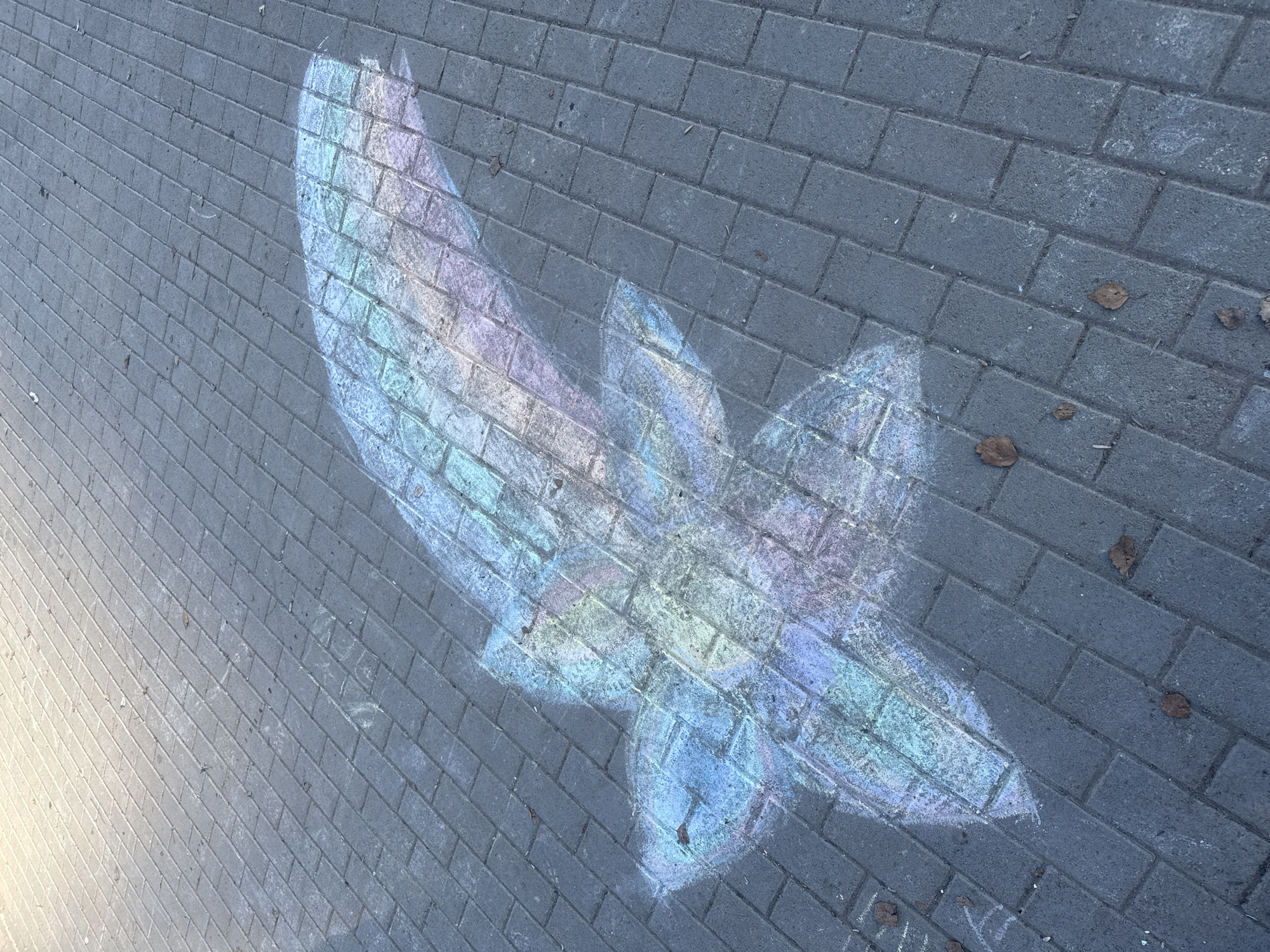 The image depicts a section of a gray brick-paved surface, likely a sidewalk or pedestrian area. A faded, rainbow-colored chalk drawing is visible on the bricks. The drawing appears to be of a stylized floral or abstract design. There are a few scattered dry leaves on the surface. The photograph is taken from a slightly elevated angle. The exact location within the city of Chaikovsky, Russia, cannot be determined from the image alone.
