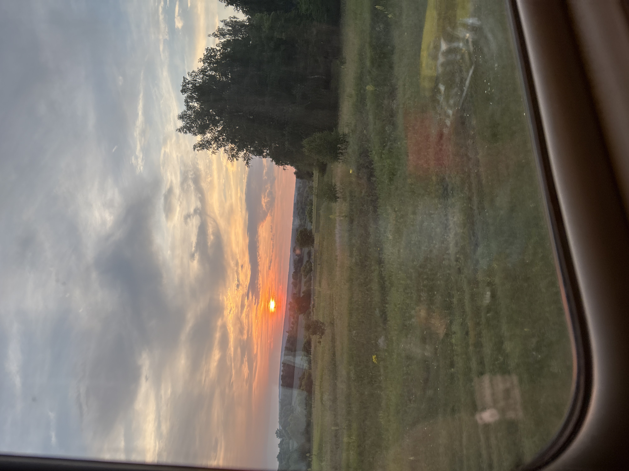 The image captures a sunset over a rural landscape, viewed through a window. The sky is a canvas of soft orange, pink, and gray clouds. The sun, a bright orange orb, is low on the horizon, casting a warm glow. Below the sky, rolling hills are visible, covered in green fields and scattered trees. A dense cluster of trees stands on the right side of the frame, their dark silhouettes contrasting with the luminous sky. The foreground shows a grassy field with a few scattered yellow flowers. The lower part of the image is framed by the dark interior of a vehicle, likely a car or bus, with a brown trim along the bottom edge. Reflections are visible on the window surface, obscuring some of the details of the landscape. The image does not contain any people or specific identifiable landmarks within Chufarovo, Russia.