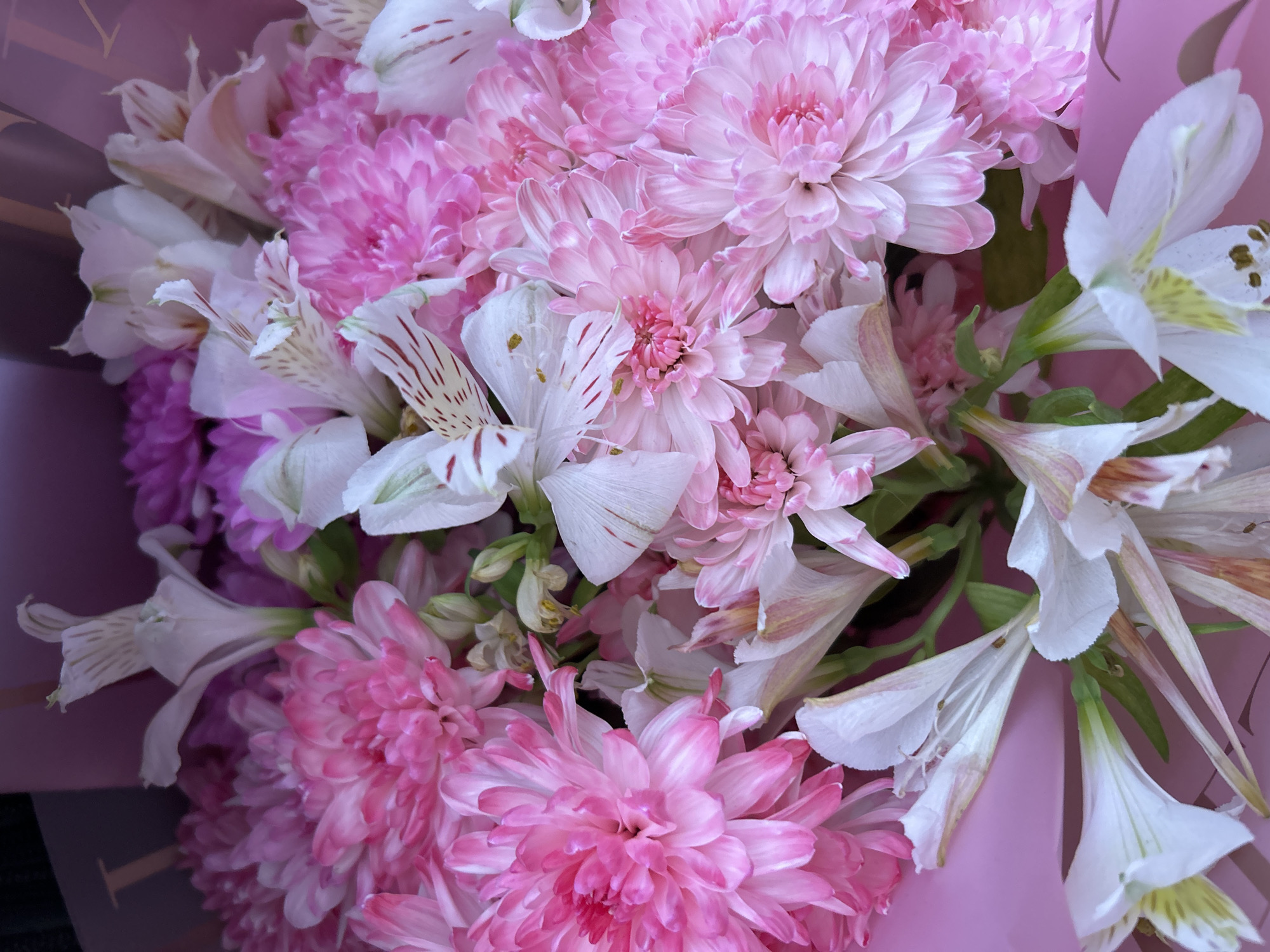 A close-up, overhead shot shows a bouquet of pink and white flowers wrapped in pink paper. The flowers appear to be a mix of chrysanthemums and alstroemerias. The chrysanthemums are large and fluffy with many petals, ranging in color from deep pink to pale pink. The alstroemerias are white with delicate red or brown streaks on their petals. The bouquet is arranged densely, with the flowers overlapping each other. The pink paper wrapping is visible at the bottom and left of the frame, creating a soft, pastel background. The lighting is bright, highlighting the texture and detail of the petals. There is no indication of the location within the city of Kerch, Ukraine, or any activity occurring.
