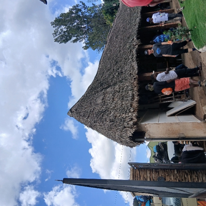 The scene depicts an outdoor gathering in Mweka, Tanzania, under a partly cloudy blue sky. A prominent building with a large, conical thatched roof dominates the right and center of the image. The building features open-sided sections supported by pillars, revealing an interior where several individuals are congregated.
In the midground, a group of approximately five men is visible. One man wears a black shirt, orange shorts, and a dark cap, facing left. Another, in a white t-shirt and dark pants, stands near him. A third man in a dark grey t-shirt and dark shorts stands slightly apart, facing towards the viewer's left. Further under the thatched roof, a man in a blue patterned shirt and another in a white t-shirt with a logo are visible. On the far right, only the shoulder and arm of a person wearing a red garment are visible, suggesting they are in the immediate foreground.
To the left of the building, a tall, dark vertical pillar stands beside a partially open metal gate. Beyond the gate, a white truck or large vehicle is visible, loaded with numerous blue and multicolored bags or luggage. Several people are gathered near this vehicle, partially obscured. White panels or boards are propped against the building's exterior near its entrance. A tall green tree is visible in the background, behind the right side of the thatched roof. Green grass and small plants are present in the immediate foreground to the right.