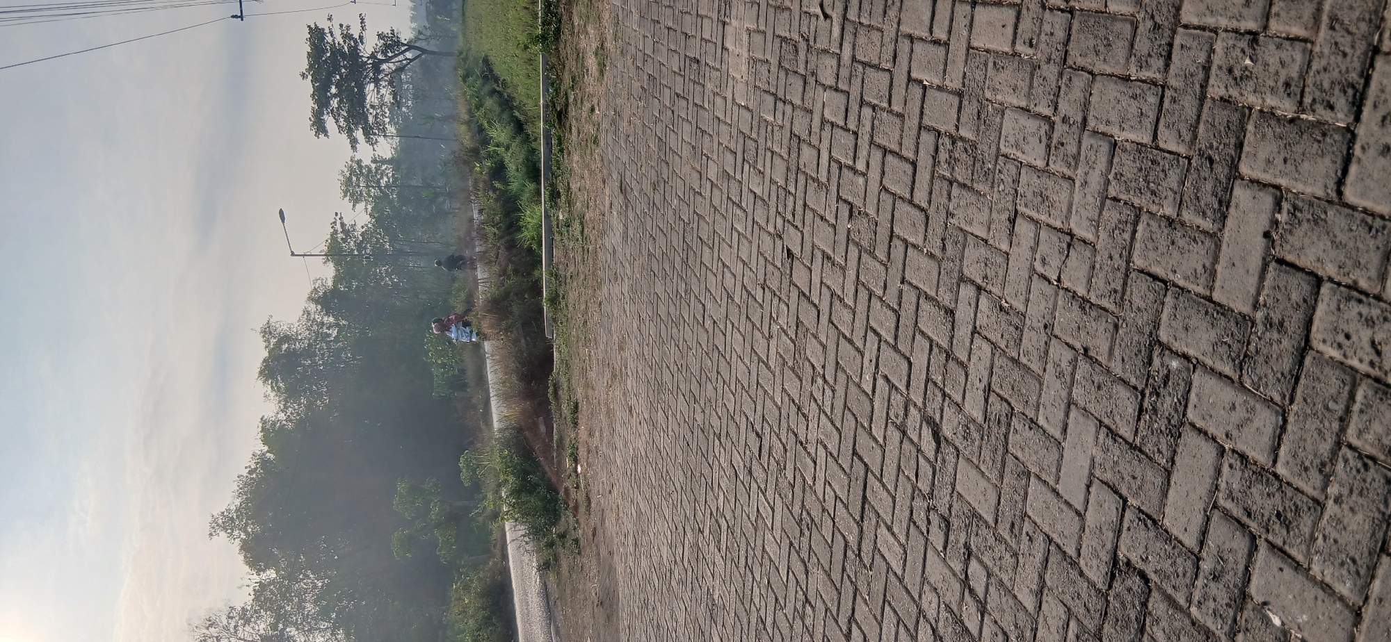 The image captures a scene from Locare, Indonesia, during daylight. The foreground is dominated by a paved area constructed with interlocking rectangular bricks laid in a herringbone pattern. The bricks appear weathered and somewhat dusty. Beyond this paved area, a road curves to the left, bordered by sparse vegetation and grasses. In the middle ground, two individuals are visible on motorcycles traveling on the road. One motorcycle carries two people, and the other is ridden by a single individual. A street lamp stands near the road, and in the background, a dense line of trees and foliage creates a natural barrier. The sky above is hazy with diffused sunlight, suggesting a possibly humid or smoggy atmosphere, typical of certain conditions in Indonesia. Electrical wires are also visible strung across the upper right portion of the frame.