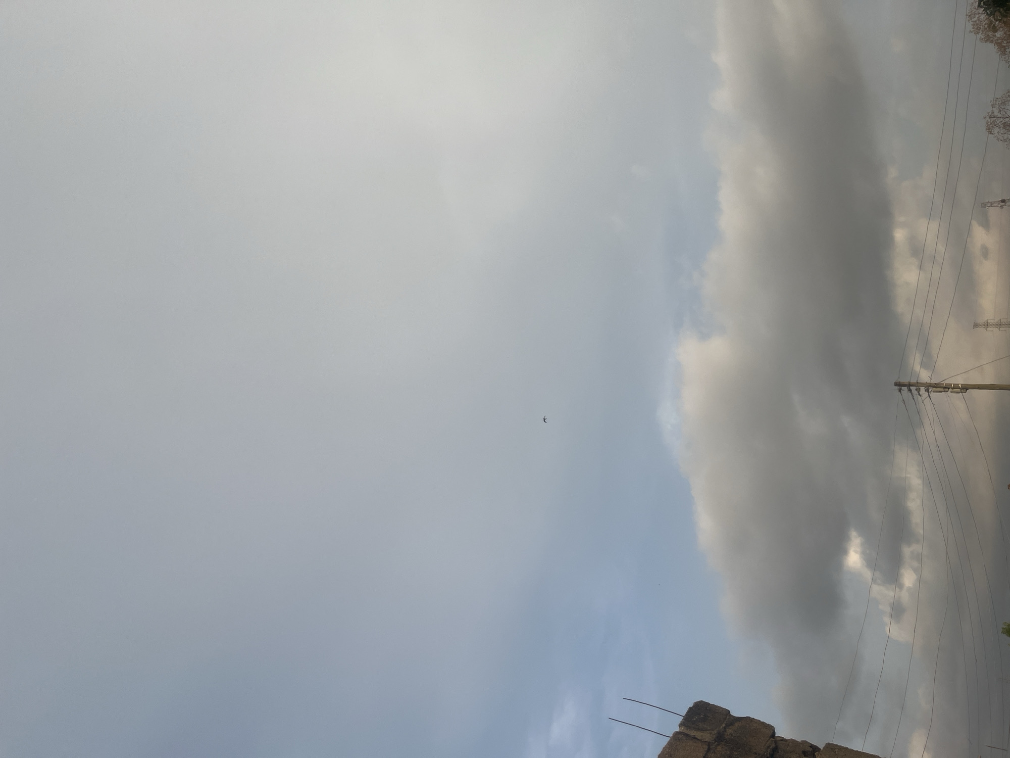 The image shows a sky view in Barakin Akawo, Nigeria. Overcast conditions are present, with a mix of light grey and darker, thicker clouds dominating the sky. An electrical pole with power lines stretches vertically across the right side of the frame. A bird is flying in the sky. The corner of a building is at the bottom of the frame.