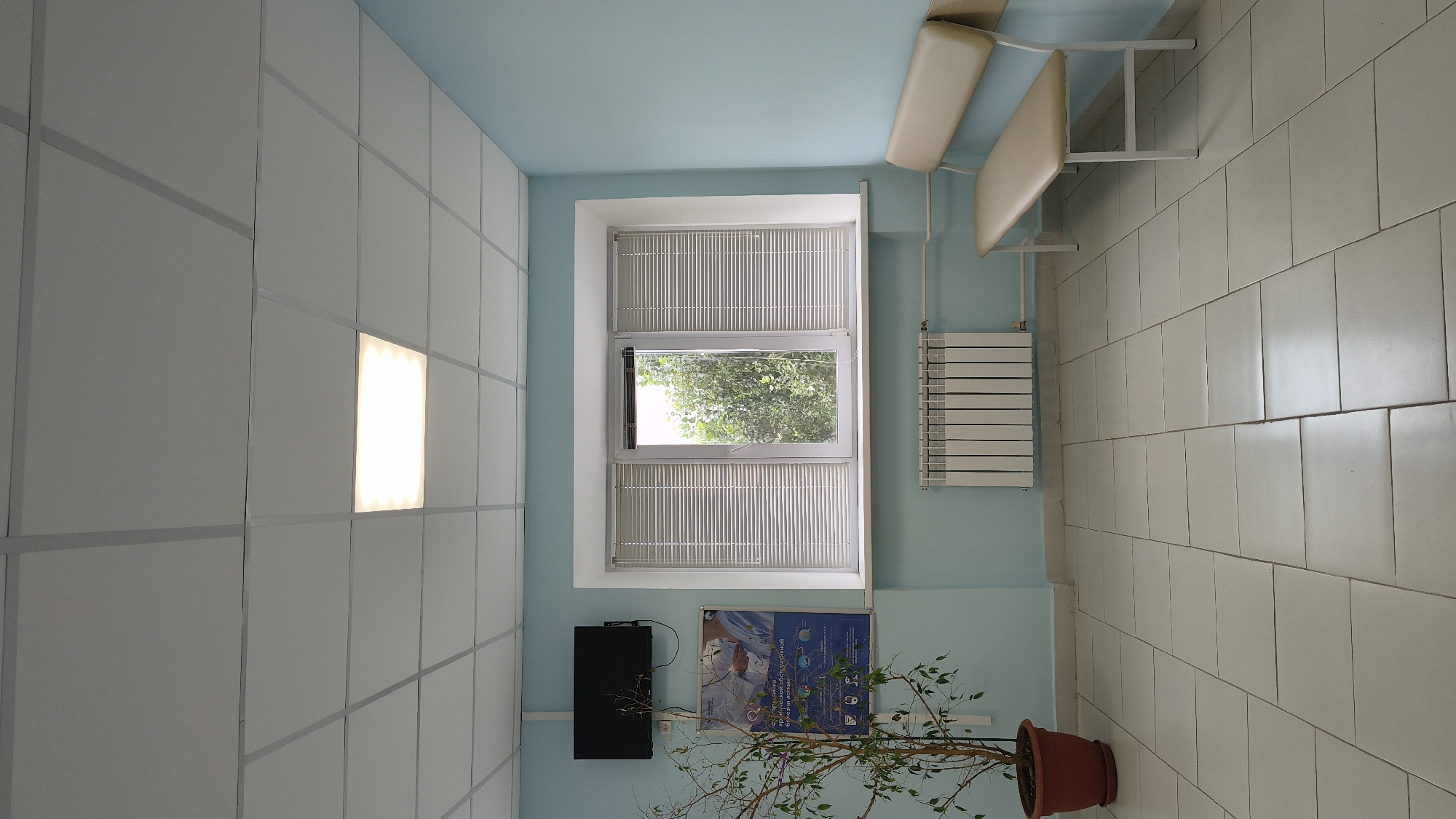 The image shows a waiting room, possibly in a medical facility, located in Mikhaylovka, Russia. The room has light blue walls and a white tiled floor. A large window with horizontal blinds dominates one wall, offering a view of green foliage outside. To the left of the window, a framed poster hangs on the wall, and above it, a small black television is mounted. A potted plant with green leaves stands near the poster. A white radiator is positioned beneath the window, and a light beige bench with a metal frame sits against the adjacent wall. The ceiling is a modular grid with a central illuminated panel. No people are present in the scene.