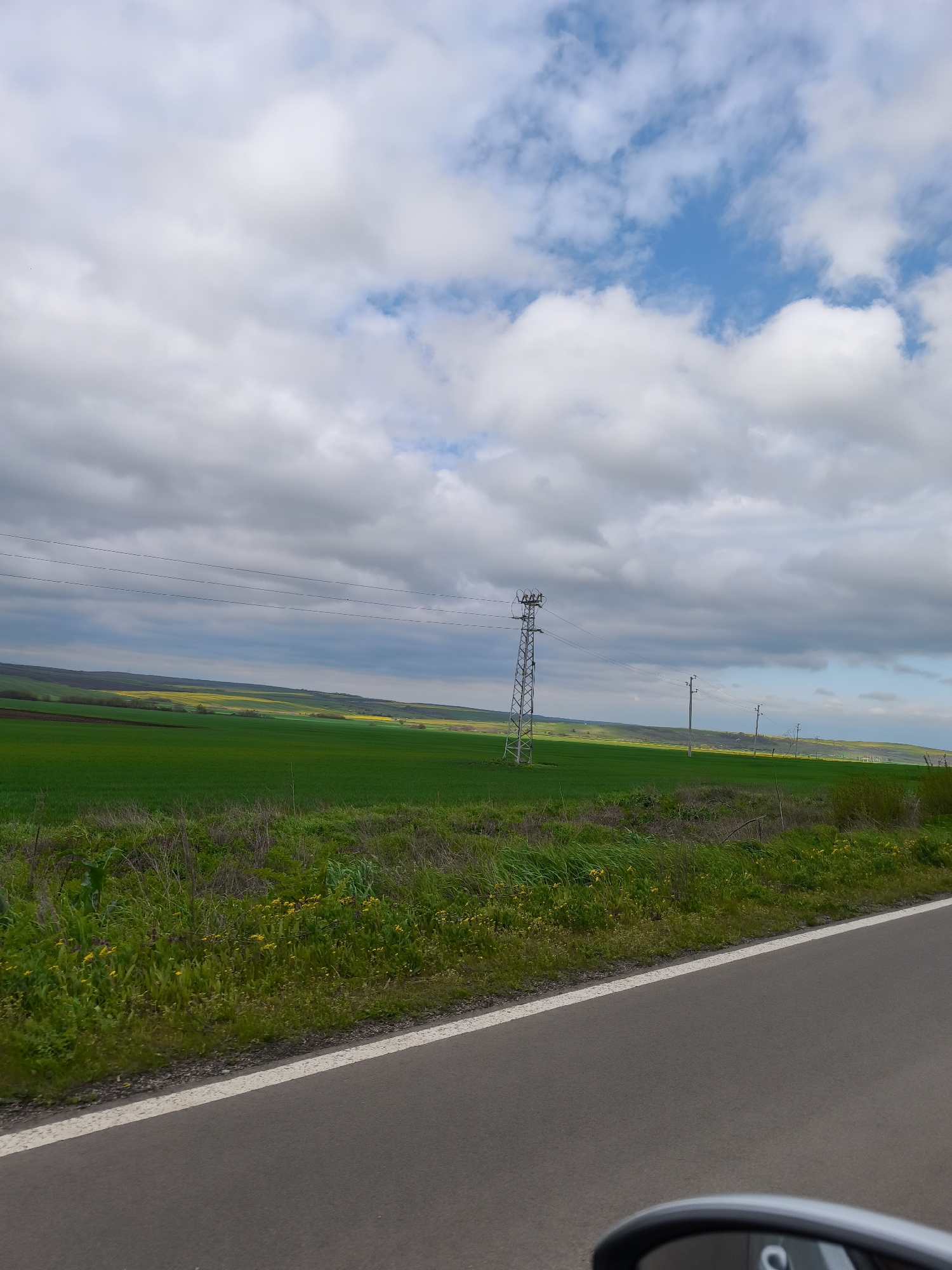 The image shows a rural scene taken from a vehicle, likely a car, as suggested by the partial view of a side mirror in the bottom right corner. The foreground consists of a paved road with a white line marking its edge. Beyond the road, there is a grassy roadside with small yellow wildflowers.
The middle ground features a vast expanse of green fields, with patches of yellow, possibly indicating different crops or wildflowers interspersed within the greenery. A metal utility pole stands in the field, with power lines stretching across the scene, diminishing into the distance. The fields appear to roll gently towards a distant treeline, suggesting a slightly hilly terrain.
The background comprises a sky dominated by a mix of white and grey clouds, with glimpses of blue sky visible in some areas. The overall impression is of a rural landscape under a partly cloudy sky.
Based on the prompt, the location is in the vicinity of Livada, Bulgaria. Without additional information, further detail is unavailable.