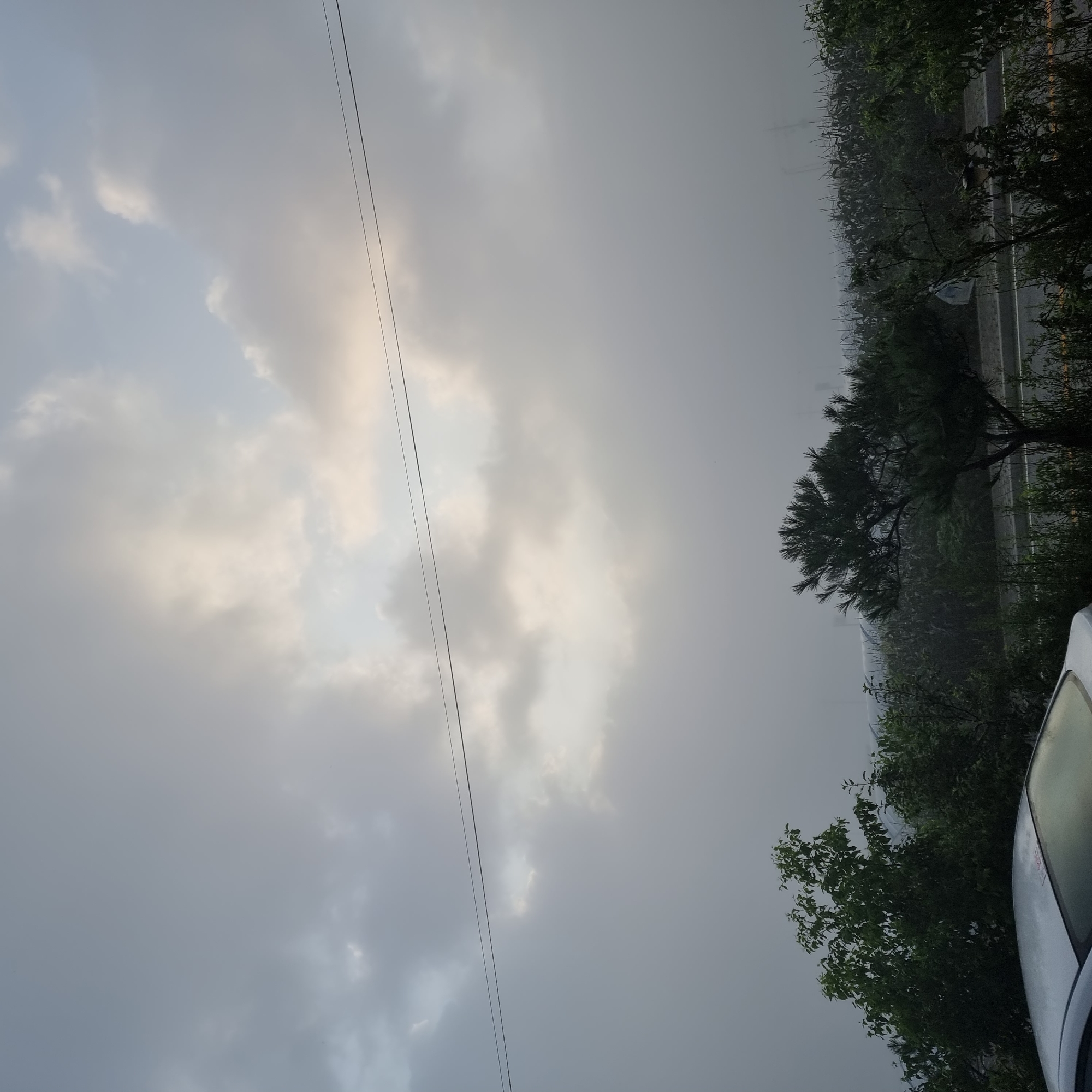 The image captures an overcast sky over a rural landscape in Dunnae-myeon, South Korea. The sky is dominated by light gray and white clouds, with hints of brighter light breaking through in the upper center. Two thin power lines run horizontally across the frame in the upper half. Below the sky, the landscape features a line of trees and vegetation. In the foreground, the top of a silver car is visible on the left. A pine tree stands prominently in the middle ground, with a field of crops behind it. The overall atmosphere is muted and subdued due to the cloudy weather.