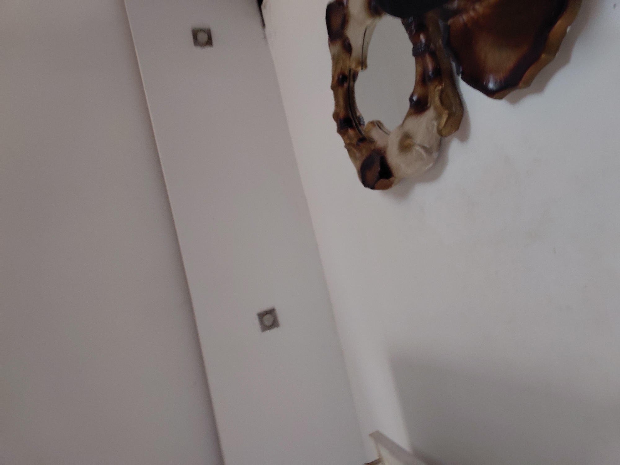 The image displays an interior scene, likely a room or hallway, with light-colored walls, appearing white or off-white. The perspective is tilted, creating diagonal lines that divide the wall surfaces.
A prominent feature on the right side of the frame is a partially visible decorative mirror. Its frame is crafted with a rustic, organic aesthetic, resembling gnarled wood or bamboo, with distinct areas of dark brown and lighter, creamy beige tones. The reflective surface of the mirror is visible within this irregular frame.
On the wall section to the left, two square, recessed objects are mounted vertically. Each object has a dark, circular center and is set flush with the light-colored wall. Their precise function, such as electrical outlets or light fixtures, is not discernible from the image. A small portion of a white horizontal surface, possibly a shelf or railing, is visible in the bottom right corner.
The lighting is soft and even, suggesting an indoor environment, potentially illuminated by artificial light or indirect natural light. No individuals are present, and no activity is taking place. There is no visible text within the image. While the provided context indicates Santa Ana, Venezuela, there are no specific visual cues within the image itself that uniquely identify this location.