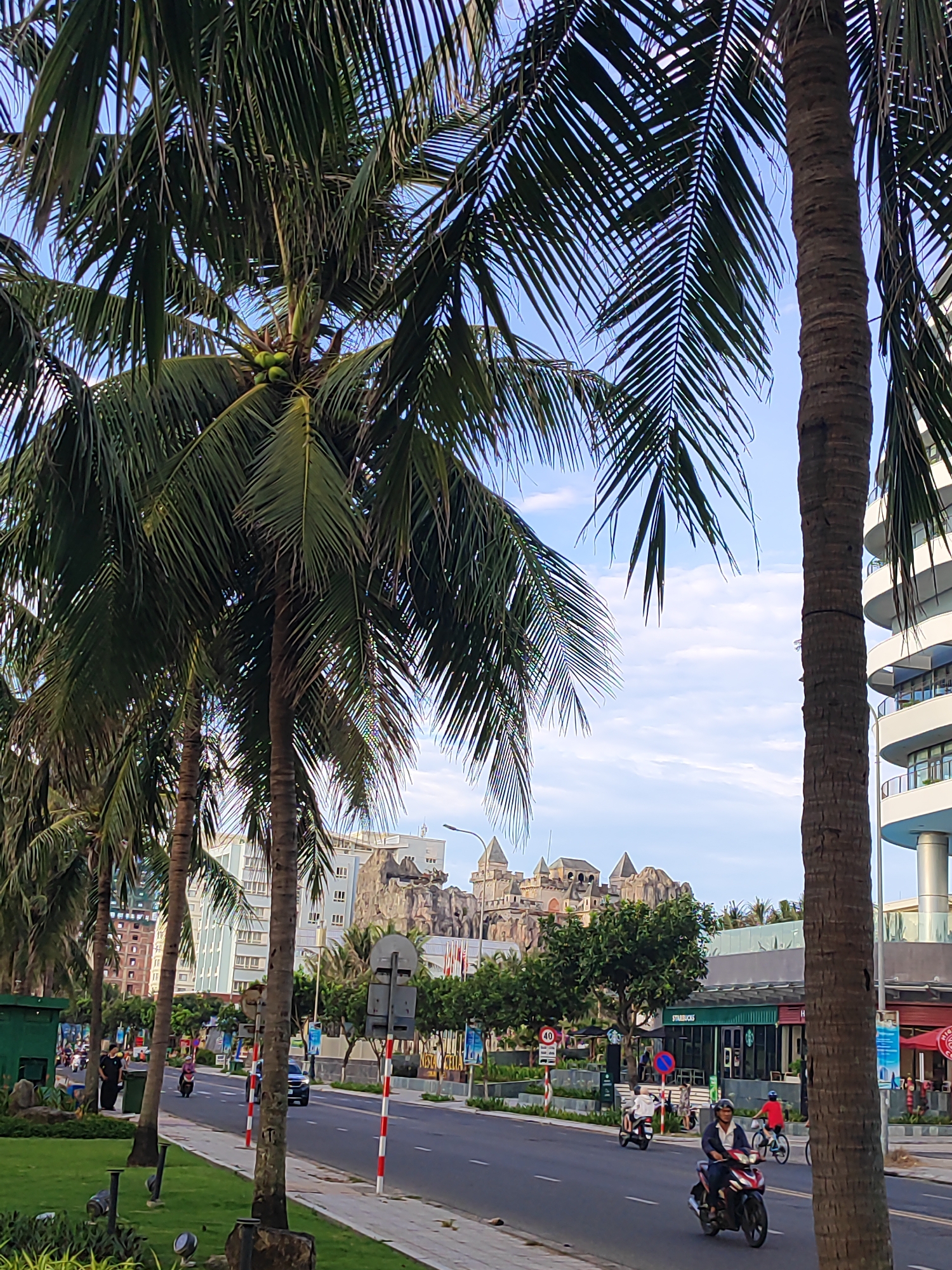 The image displays a daytime street scene in Đà Nẵng, Vietnam, likely along Võ Nguyên Giáp Street, characterized by tropical flora and urban infrastructure.
In the foreground on the left, a well-maintained grassy median features small green plants and several ground-level lighting fixtures. A paved sidewalk runs alongside this median, separating it from a two-lane asphalt road. The road is marked by red and white striped bollards along its curb. Multiple mature palm trees with prominent green coconuts line the left side of the road, their fronds extending across the upper portion of the frame.
On the road, traffic includes several motorbikes and a car. A person wearing a white shirt and helmet rides a dark-colored motorbike in the right lane, facing towards the viewer. Another person, wearing a pink shirt, rides a red motorbike further down the road, moving away from the viewer. A person on a red bicycle is visible on the far right side of the road, near a building. A dark blue car is also visible in the distance on the right lane.
On the far left, near the grassy median, two men are visible standing by a green kiosk or utility booth. Other pedestrians are faintly visible walking on the sidewalks further down the street.
The background features various buildings. On the left, behind the palm trees, are modern multi-story buildings, one with a light blue facade and multiple windows. Dominating the background on the right is a distinctive, large building complex exhibiting a castle-like architectural style with multiple turrets, peaked roofs, and a stone-textured exterior. Immediately below this complex, a **Starbucks** coffee shop is clearly visible, identifiable by its green facade and logo, with outdoor seating areas. To the far right, part of a modern, multi-story building with white, curved balconies is visible.
The sky above is light blue with scattered white cumulus clouds, indicating fair weather. The lighting suggests daytime, possibly late afternoon.