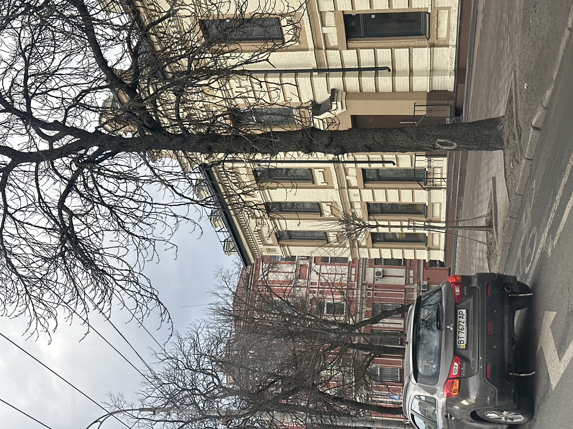 The image depicts a street scene in Kyiv, Ukraine. A leafless tree dominates the left side of the frame, its branches reaching towards the overcast sky. In the background are two buildings, one with a light-colored facade and the other with red and white brickwork. A dark gray Mitsubishi car is parked on the right side of the street, its license plate reads "BT 7672 AP." The sidewalk and street are visible, with road markings indicating a parking space. Utility lines are strung across the sky. The scene appears to be captured on an overcast day, lending a muted tone to the overall image.