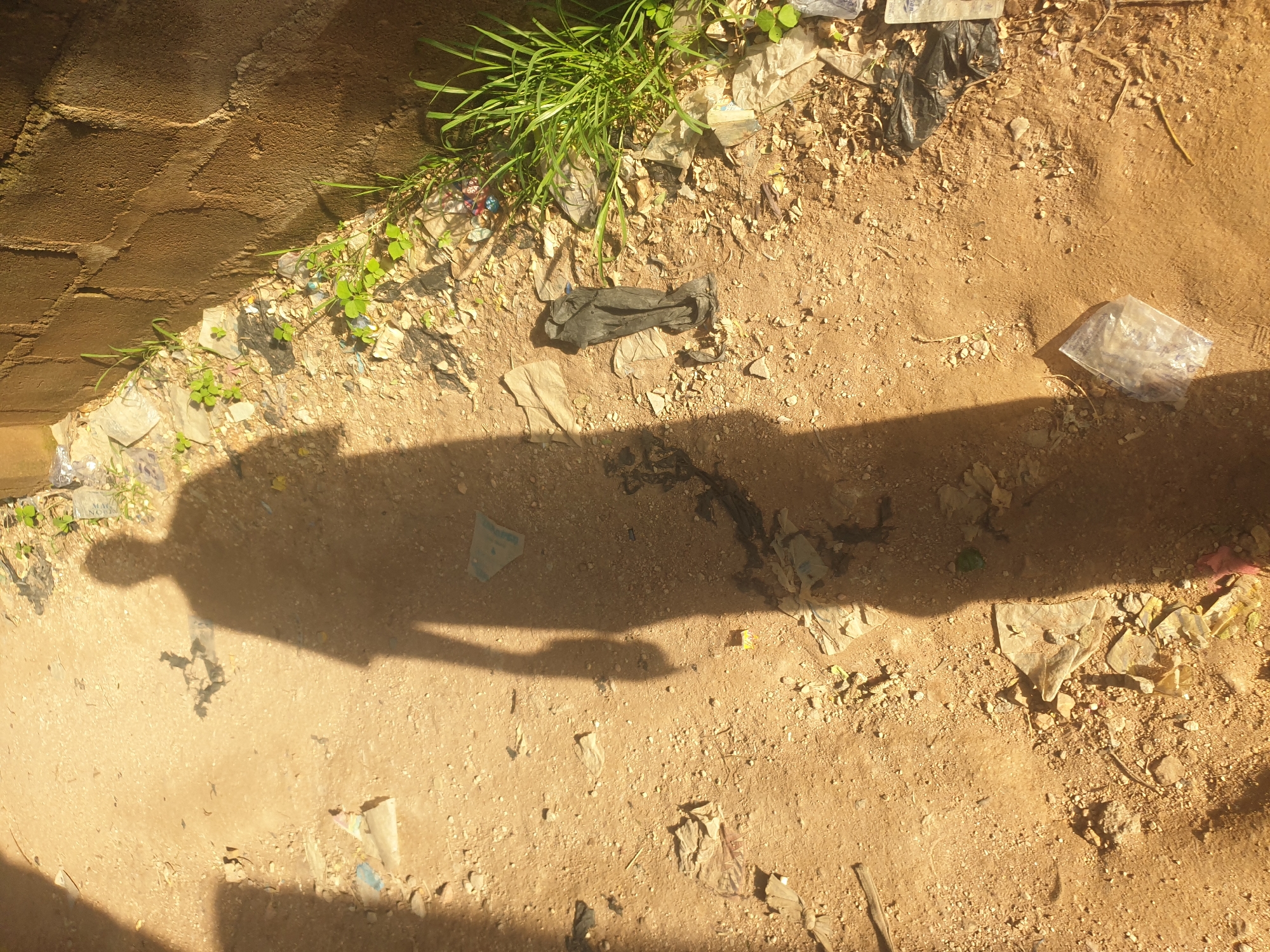 The image shows a long shadow of a person with their arm extended, casting onto a dusty, dirt path. The path is littered with various pieces of trash, including plastic bags and other debris. To the right of the path, a rough, textured brick wall rises, with some green grass and weeds growing at its base amongst more trash. The lighting suggests it is daytime, with sunlight creating strong shadows. The overall scene depicts an outdoor area, likely a walkway or alley, with significant litter and a shadowy human presence.
