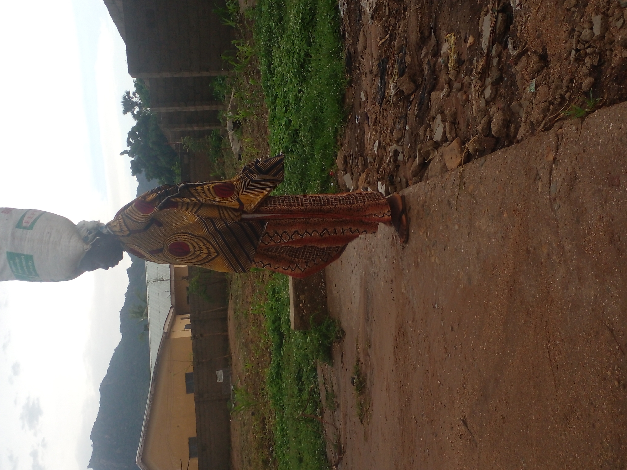 A person stands on a concrete edge, carrying a large white bag on their head. They are wearing a colorful, patterned garment and sandals. The background shows a building, a fence, and vegetation. The ground is dirt and debris. The location is identified as Langtang, Nigeria.