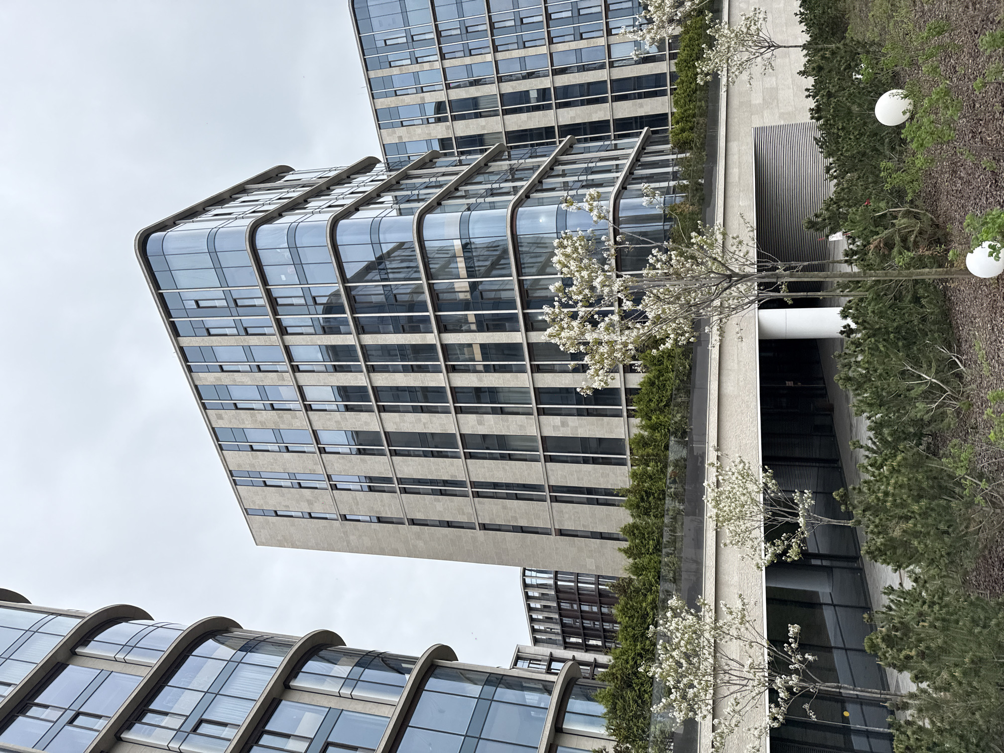 The image shows an upward-angled view of a modern architectural landscape, likely taken in an urban environment. The prominent structures are contemporary buildings featuring a combination of glass and concrete facade. The buildings showcase a design with curved edges and extensive glass window panels that reflect the sky and surrounding structures.
In the foreground and mid-ground, there are elements of landscaping, including trees in bloom with white blossoms and manicured greenery along the base of the buildings. Two spherical, white light fixtures are also visible amongst the foliage.
The sky above is overcast, suggesting diffused lighting conditions. The overall scene conveys an organized, modern urban aesthetic.
The photograph does not include any discernible people or interactions.
Based on architectural style and the general urban landscape, the location is suggestive of the business district known as Moscow City in Moscow, Russia. However, it is impossible to definitively confirm the location.