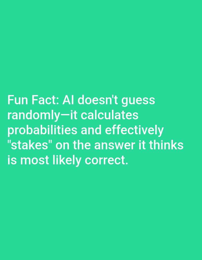 The image is a screenshot of text overlaid on a solid green background. The text reads: "Fun Fact: AI doesn't guess randomly—it calculates probabilities and effectively 'stakes' on the answer it thinks is most likely correct." There is no information about the city of Lagos, Nigeria, or any other location. There are no people, subjects, objects, or actions depicted in the image.