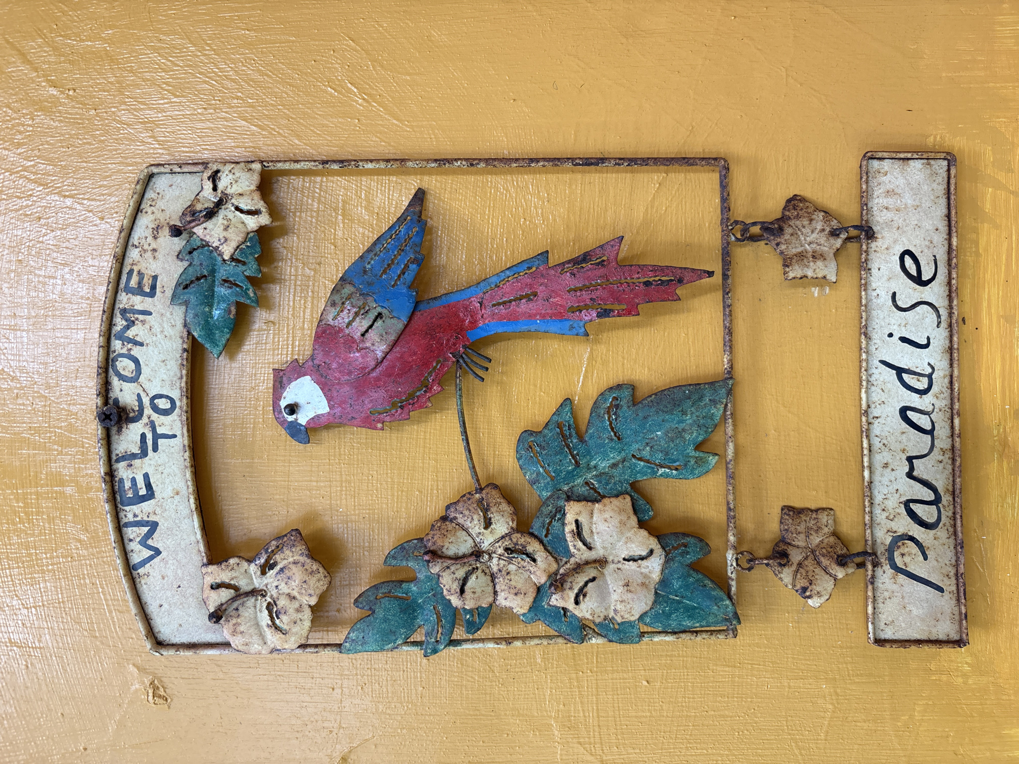 A close-up, eye-level shot captures a weathered metal welcome sign against a textured, mustard-yellow wall, likely in Chalong, Thailand. The sign is a rectangular frame adorned with a red and blue macaw perched on a branch with green and beige leaves. Below the frame, a rectangular plate reads "Paradise" in black cursive script. The sign shows signs of rust and age, suggesting it is an outdoor fixture that has been exposed to the elements. The wall's uneven surface and a few minor chips indicate it might be an exterior surface of a building. There are no people or animals present in the frame.