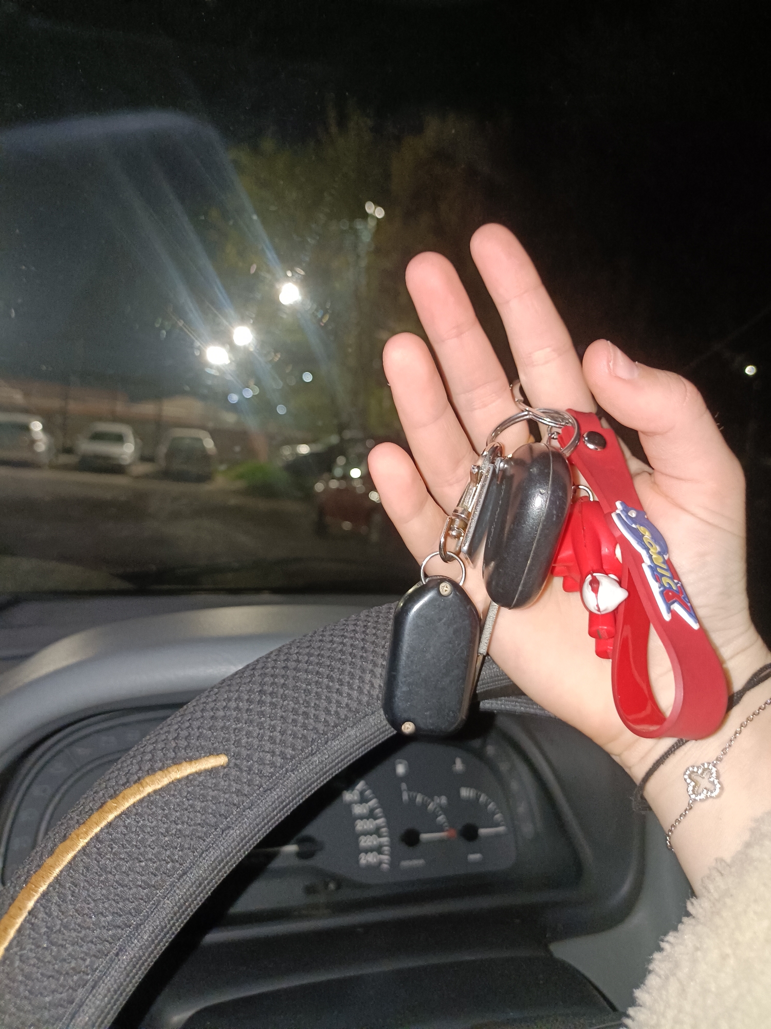 The image provides a close-up view from inside a car at night, with the location contextually identified as Plovdiv, Bulgaria. The central subject is a person's hand, holding a set of car keys.
The hand, with light skin tone, is positioned centrally, holding multiple keys. These include two black car remote fobs of differing designs and a prominent red lanyard with a white and blue logo clearly displaying the text "Sonic." Attached to this lanyard is a small, red and white figure, adding a decorative element to the keychain. The person wears a ring on one finger and a delicate silver-colored bracelet with a sparkling, clover-shaped charm on their wrist.
In the foreground, the grey steering wheel of the car is visible, adorned with a textured grey and black cover featuring a distinct golden-colored line of stitching. Part of the car's dashboard and instrument panel, including sections of a speedometer and other gauges, can be seen beneath the steering wheel, though specific readings are unclear.
The background, viewed through the car's windshield, is dark and blurry, indicative of nighttime. Distant, bright streetlights cast soft glows and reflections, illuminating an outdoor area, likely a parking lot or street, where several other vehicles are visible as indistinct shapes in the darkness. The scene emphasizes the hand and keys in sharp focus, contrasting with the soft, out-of-focus background.