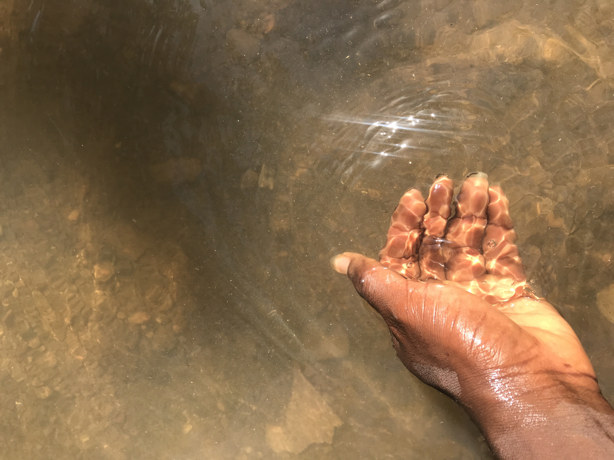 A close-up, high-angle shot shows a dark-skinned human hand cupped and partially submerged in shallow, murky water. The hand, positioned in the lower right quadrant, appears to be collecting or holding water, with ripples and small bubbles visible within its palm. Strong sunlight hits the water, creating bright, glinting reflections and refractions that distort the appearance of the hand and the streaky water surface.
Beneath the water, indistinct shapes of pebbles and sediment are visible on the bed, indicating a relatively shallow depth. The water itself has a brownish-green tint and some suspended particles, suggesting it is from a natural body of water rather than being crystal clear. The skin of the hand appears wet and glistening under the sunlight, highlighting its texture and creases. The overall lighting suggests it is daytime with bright, direct sun. No specific weather conditions are indicated beyond clear skies allowing for direct sunlight. There is no visible text in the image. The scene is set in what appears to be a natural or semi-natural water body, located in Mandate Estate, Ilorin, Nigeria.