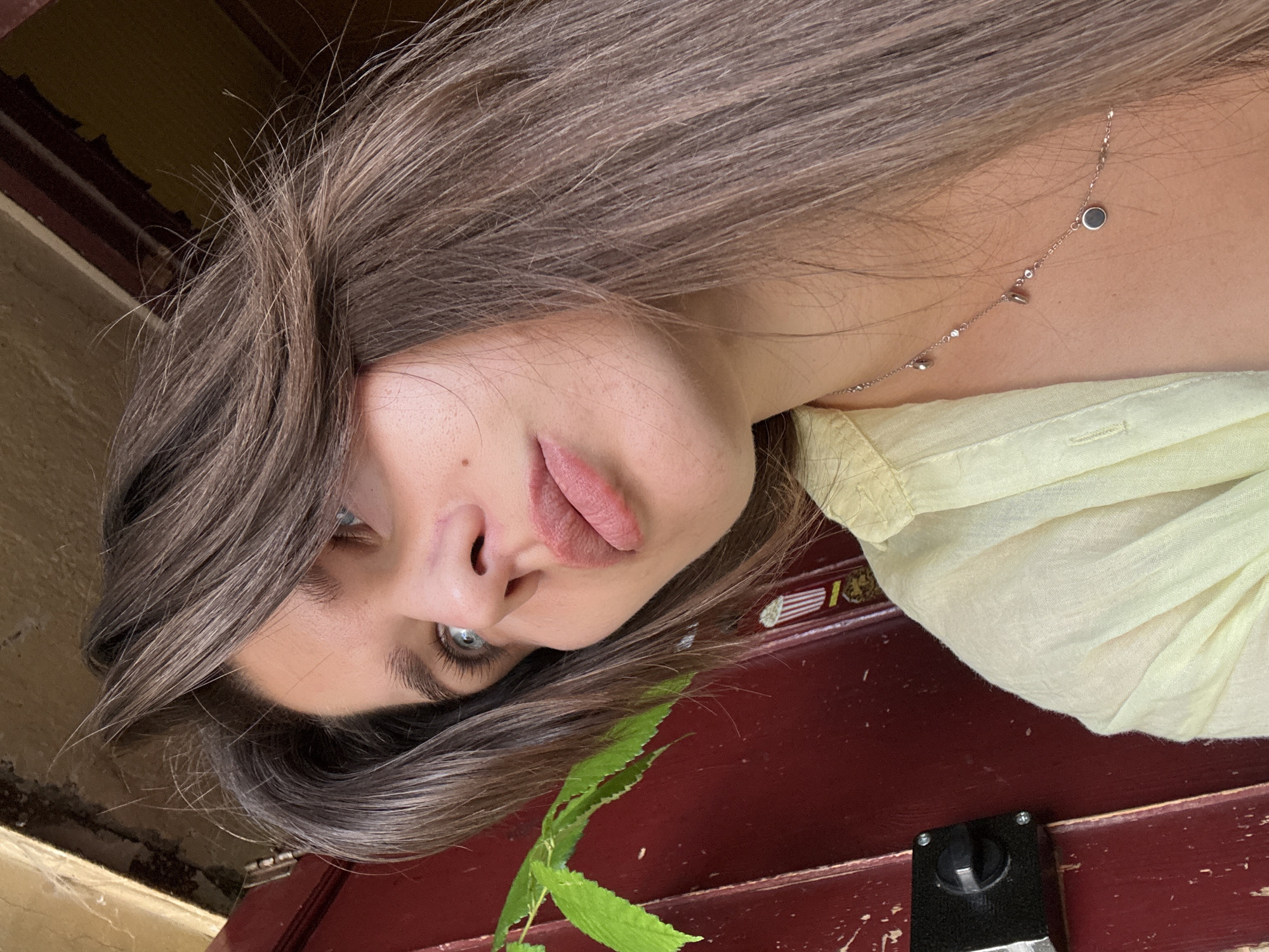 A young woman with long, brown hair and blue eyes is shown from the chest up, looking away from the camera. She is wearing a light yellow collared shirt and a delicate silver necklace with small charms. Her lips are slightly parted, and she has a mole on her left cheek. To her left, a dark red door is visible, with a black and silver door latch attached to it. Green leaves from a plant are growing near the door. The background appears to be outdoors, with a distressed wooden frame above.