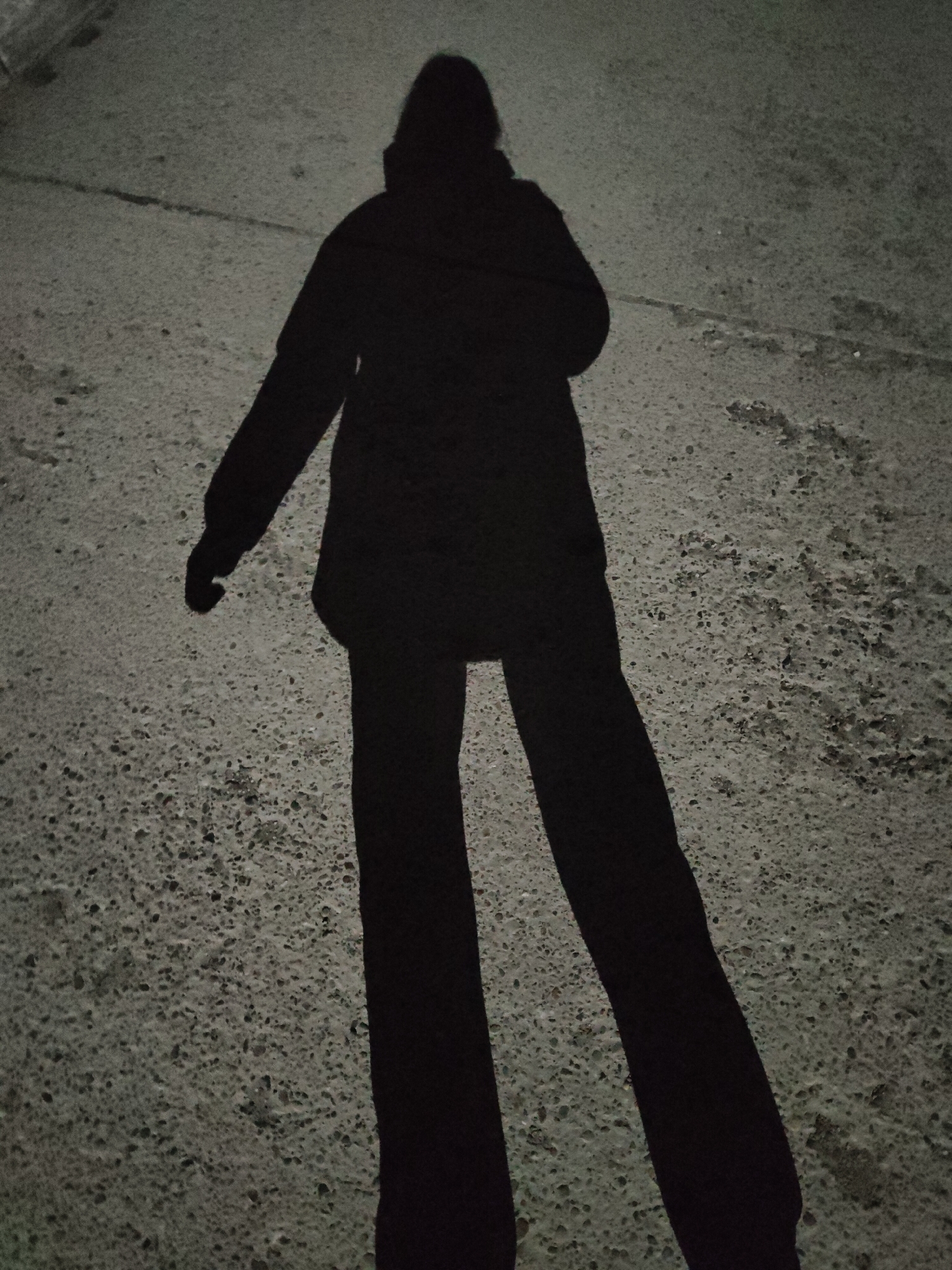 The image displays a prominent, elongated shadow of a person cast onto a textured ground surface. The shadow is dark and sharply defined, outlining a human figure seemingly wearing a jacket or coat and pants. One of the shadow's arms is slightly bent.
The ground beneath the shadow appears to be a light gray or off-white color with a speckled, granular texture, characteristic of asphalt, concrete, or a similar paved surface like a road or sidewalk. Faint lines or cracks are visible on this surface.
The presence of such a long and distinct shadow suggests the photograph was taken under a low light source, possibly during sunrise or sunset, or more likely, at night under artificial lighting such as a streetlamp. The overall dark and slightly grainy quality of the image supports the assumption of low-light conditions.
The primary activity suggested is the presence of a person walking or standing, creating the shadow. The scene evokes a sense of solitude or anonymity, focusing entirely on the silhouette rather than the individual. There is no visible text in the image, and specific location or weather details cannot be determined.