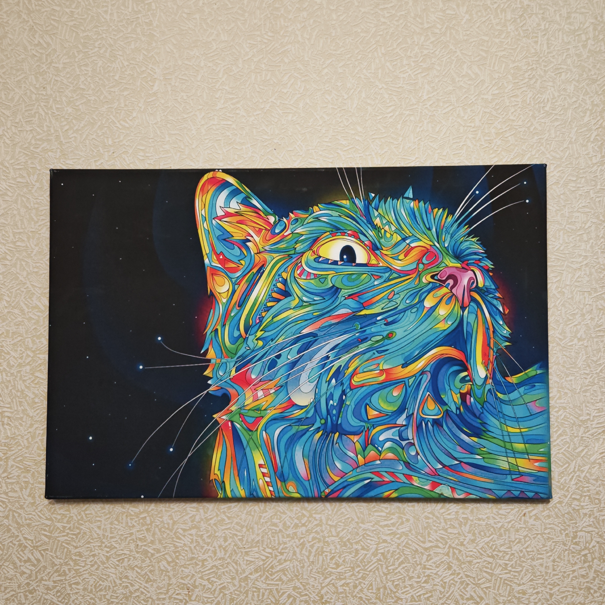 An eye-level shot captures a vibrant, abstract canvas print of a cat's head hanging on a light beige, textured wallpaper. The artwork depicts the cat facing towards the right and looking slightly upwards, rendered in a striking psychedelic style with swirling lines and a rich palette of blues, yellows, reds, oranges, and greens. The cat's fur is composed of intricate, interwoven patterns that create a sense of movement and depth.
Its large, yellow eye with a dark pupil is prominently featured, gazing upwards. A small, pink nose is visible on its muzzle. Several long, thin white whiskers extend from the cat's face into the dark background of the canvas, some terminating in small glowing white or light blue dots, suggesting a cosmic or starry motif. The background of the artwork itself is a deep blue-black, sparsely dotted with small white specks resembling stars. There are also subtle, faint circular glows within this dark space, enhancing the celestial theme.
The canvas print has a clean, dark edge and appears to be mounted flush against the wall. The surrounding wallpaper is uniformly light beige with a raised, intricate pattern, suggesting an interior setting like a home or office. No human figures or discernible activities are taking place; the image is a static display of wall art. There is no visible text on the artwork or in the surrounding environment.