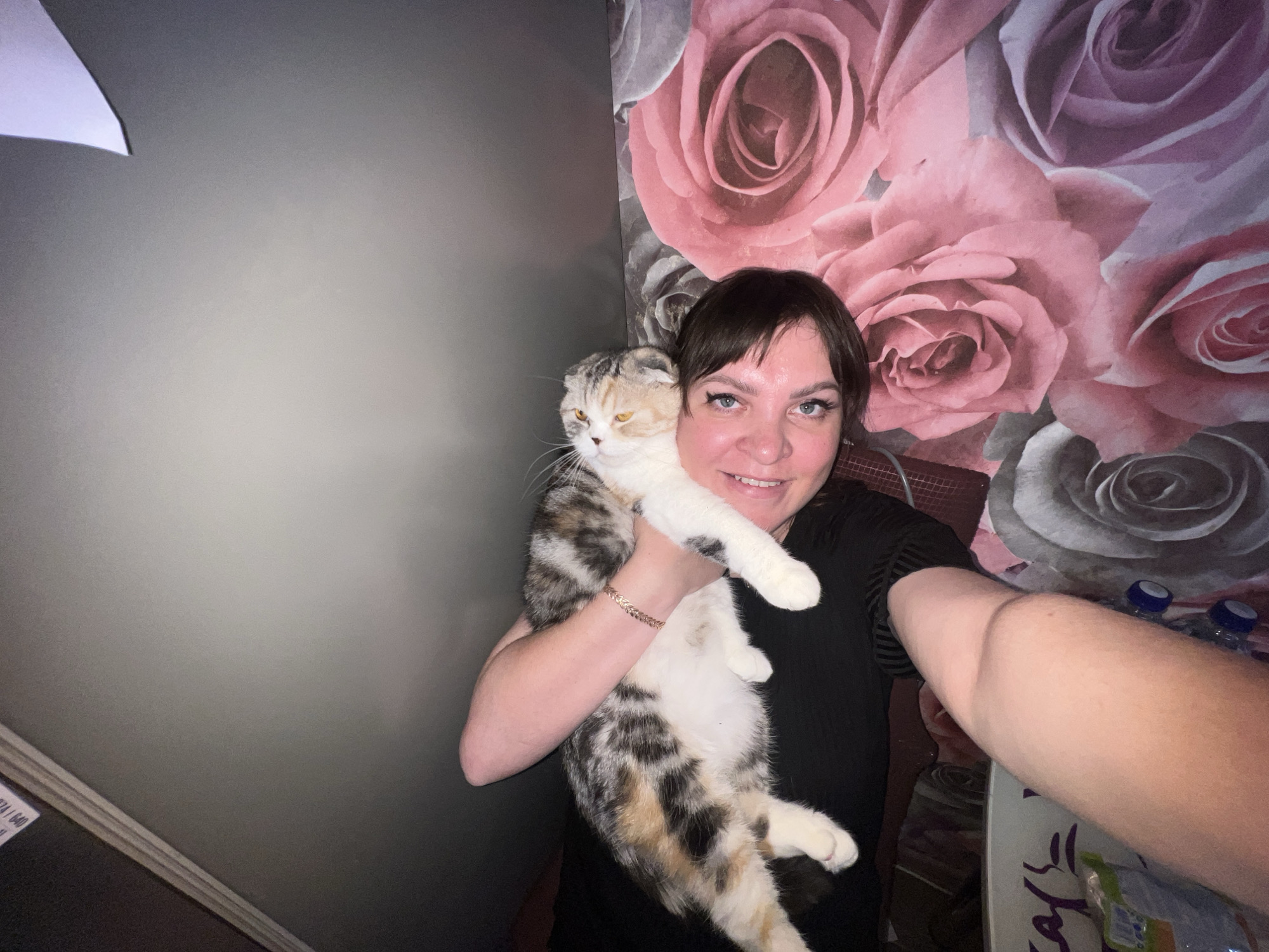 A woman with brown hair and blue eyes is holding a calico cat. The woman is smiling. She is wearing a black shirt. Behind the woman is a wall with a rose pattern. To the left is a plain grey wall. There are water bottles and other objects visible in the lower right corner. The location is indeterminate.