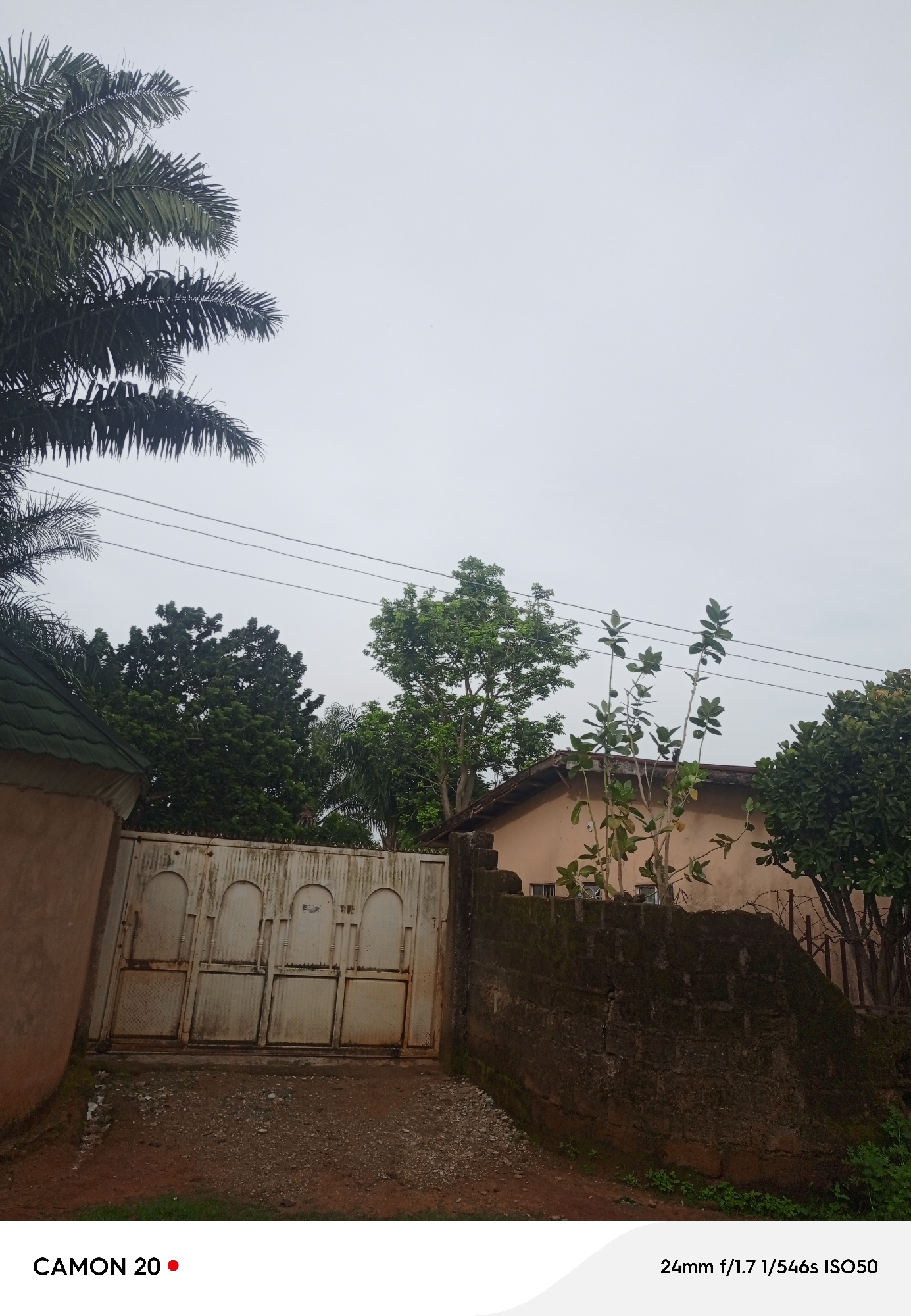 The image shows a weathered white metal gate in front of a residential building in Takau, Nigeria. The gate is divided into four panels and is set against a wall of rough, dark stones. To the left of the gate, a portion of a building with a green, peaked roof is visible. Lush green trees and palm fronds frame the scene, with power lines stretching across the overcast sky. The ground in front of the gate is a mix of dirt and gravel. The overall impression is one of a slightly neglected but lived-in property.