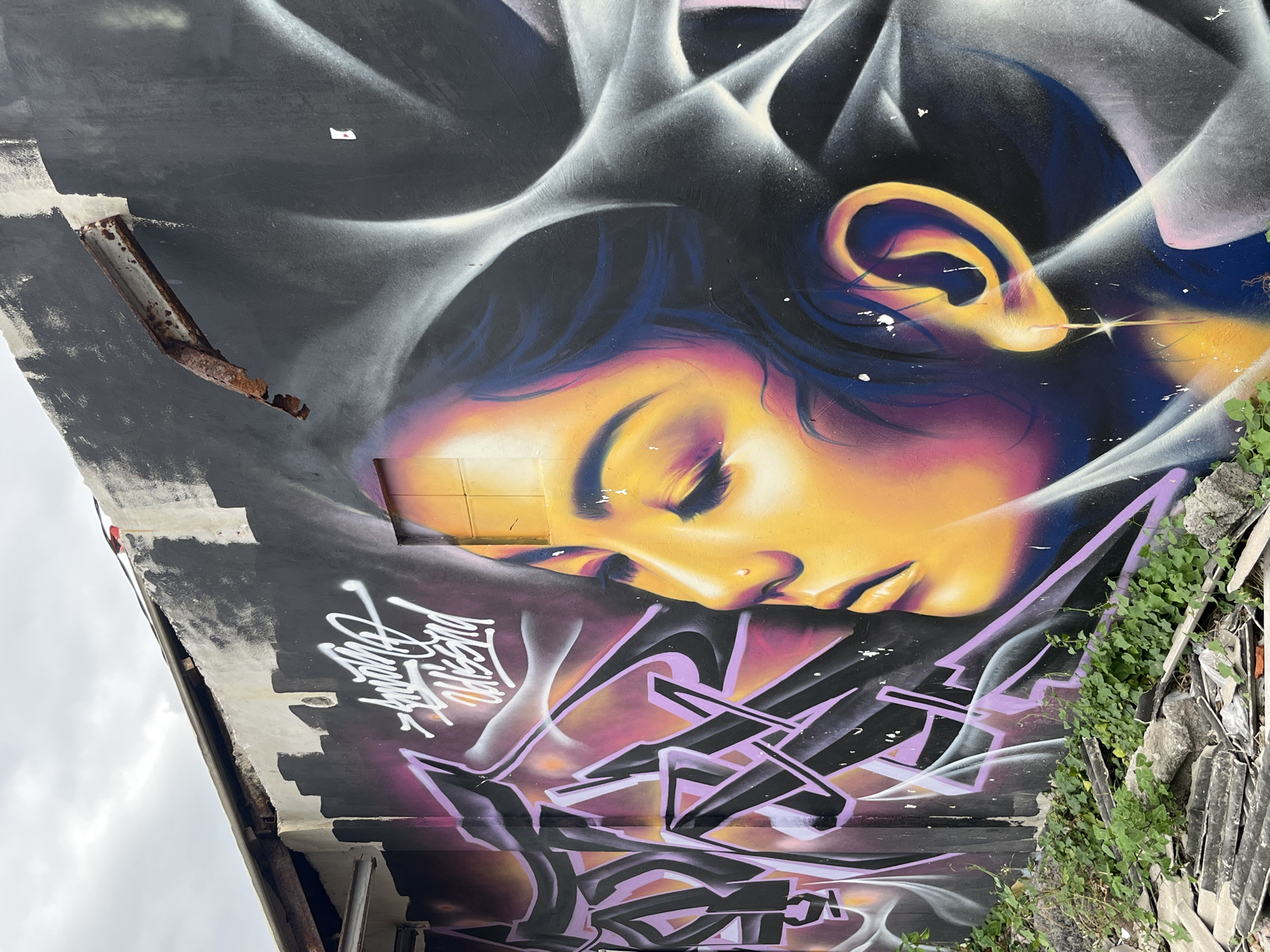 The image depicts a graffiti mural on the exterior wall of a derelict building in Kuta Selatan, Indonesia. The mural features a stylized portrait of a woman's face, rendered in vibrant colors, primarily shades of yellow, orange, pink, and purple. Her eyes are closed, and her hair is depicted as flowing, dark tendrils that blend with abstract graffiti tags in black and purple. The woman is adorned with a star-shaped earring.
The building's facade is dark gray and shows signs of decay, with peeling paint and a rusty metal beam protruding from the wall near the top. The wall's upper edge is uneven and crumbling, with some concrete sections exposed. Below the mural, on the ground, lie piles of debris, including broken tiles, concrete fragments, and scattered green foliage. The sky above is overcast with clouds. The overall scene suggests an urban environment with elements of artistic expression juxtaposed with neglect and urban decay.